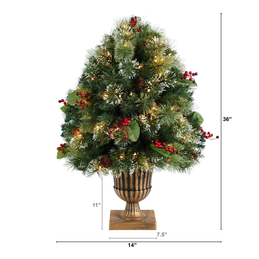 3' Holiday Pre-Lit Snow Tip Greenery, Berries and Pinecones Plant in Urn with 100 LED Lights