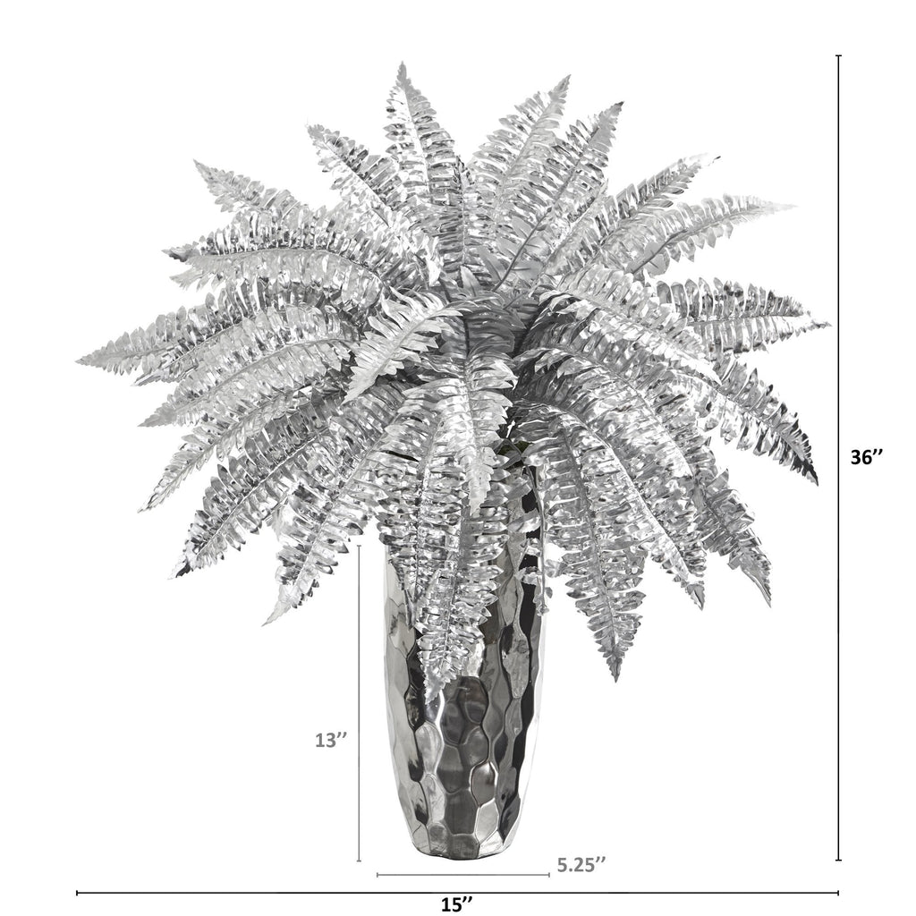 3’ Metallic Silver Boston Fern Artificial Plant in Silver Planter