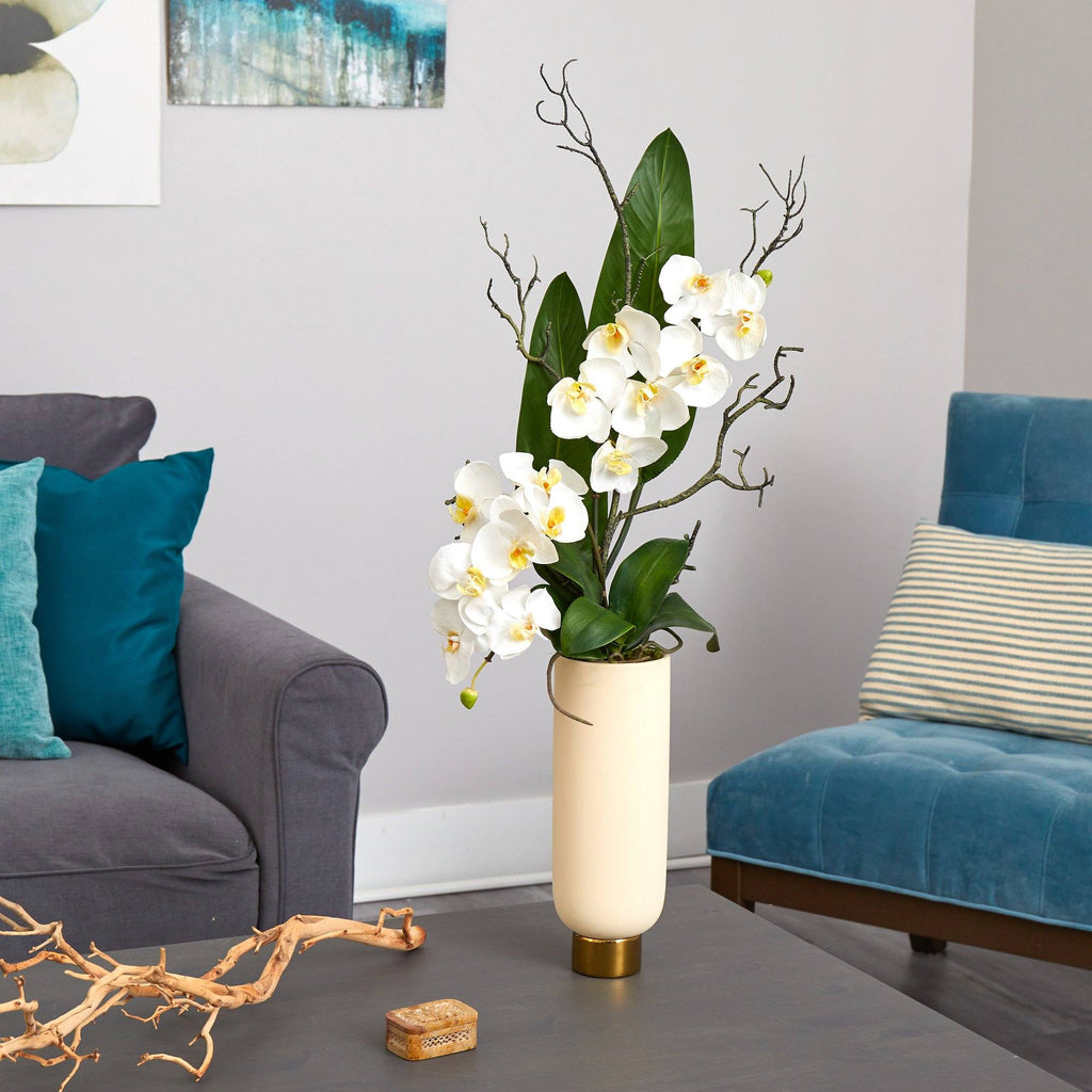 3’ Phalaenopsis Orchid Artificial Arrangement in Cream Vase with Gold Base
