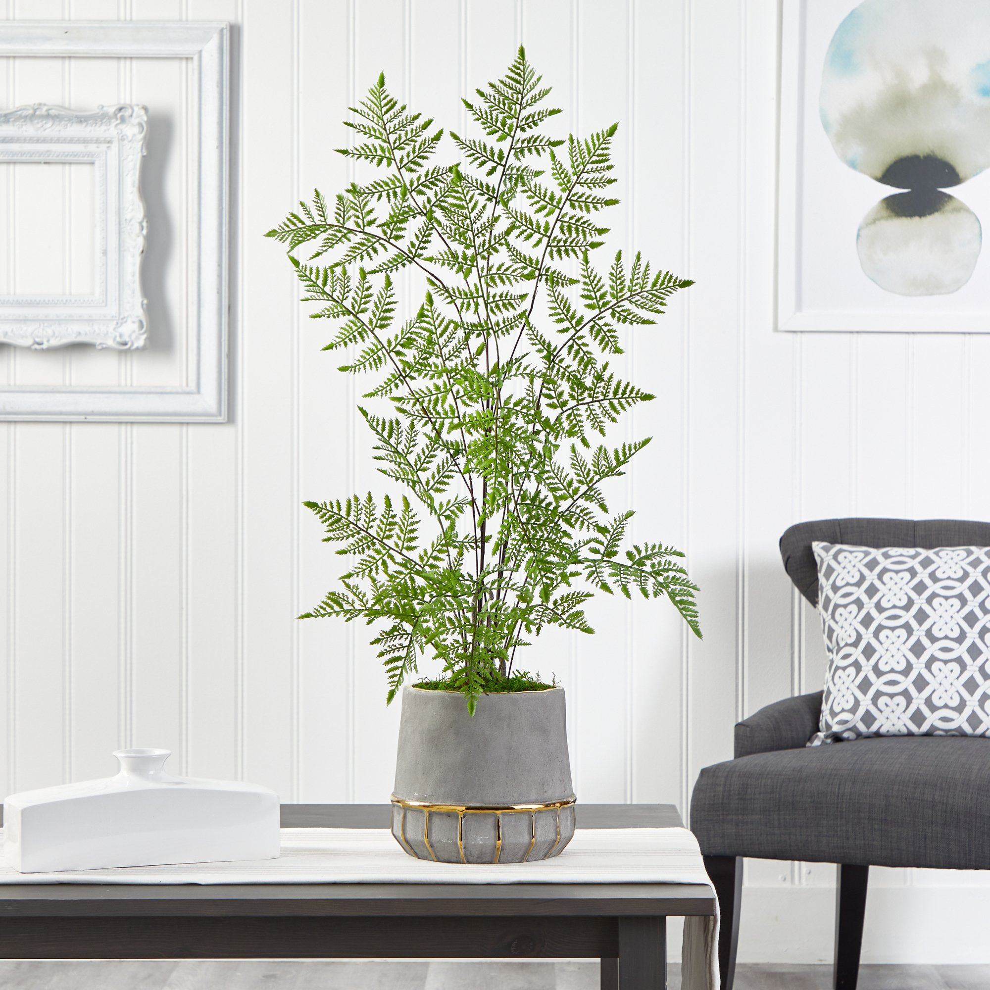 3’ Ruffle Fern Artificial Tree in Stoneware Planter with Gold Trimming