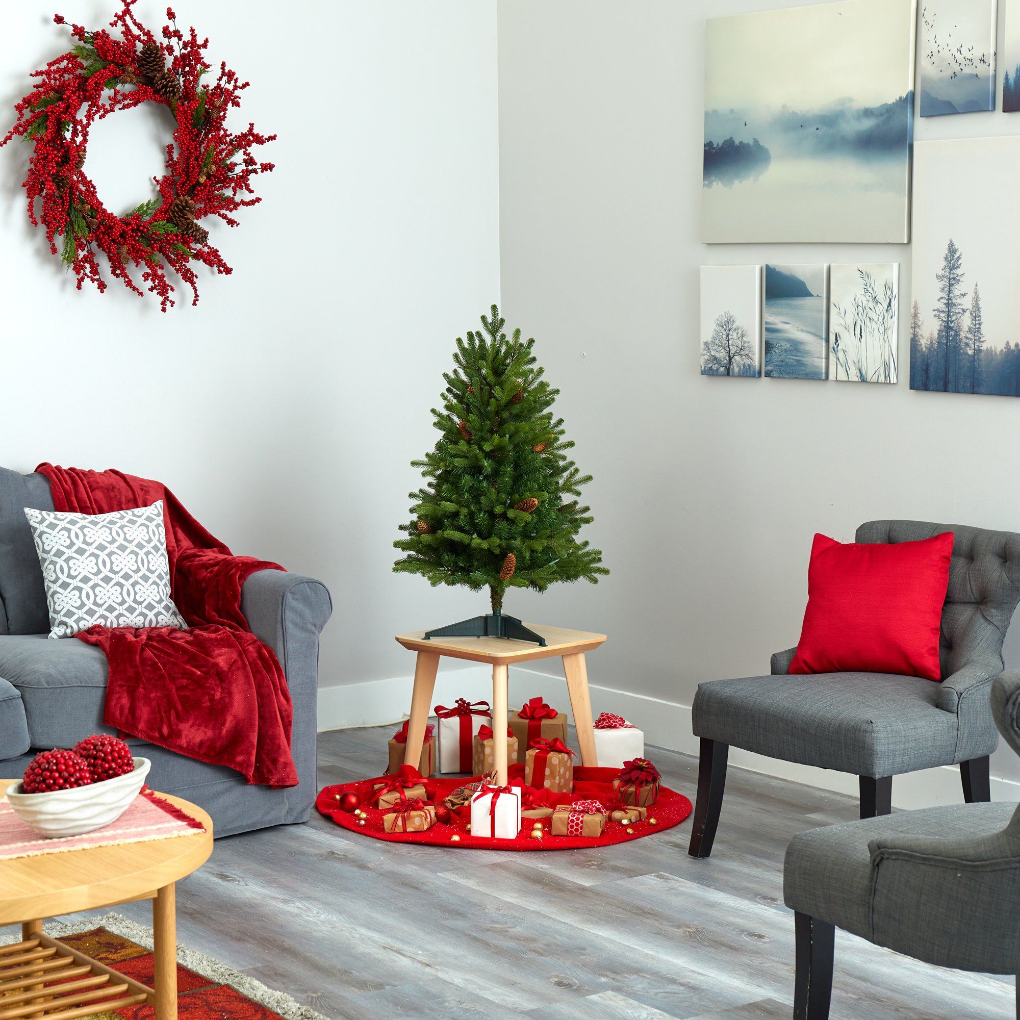 3’ Yukon Mountain Fir Artificial Christmas Tree with 50 Clear Lights and Pine Cones