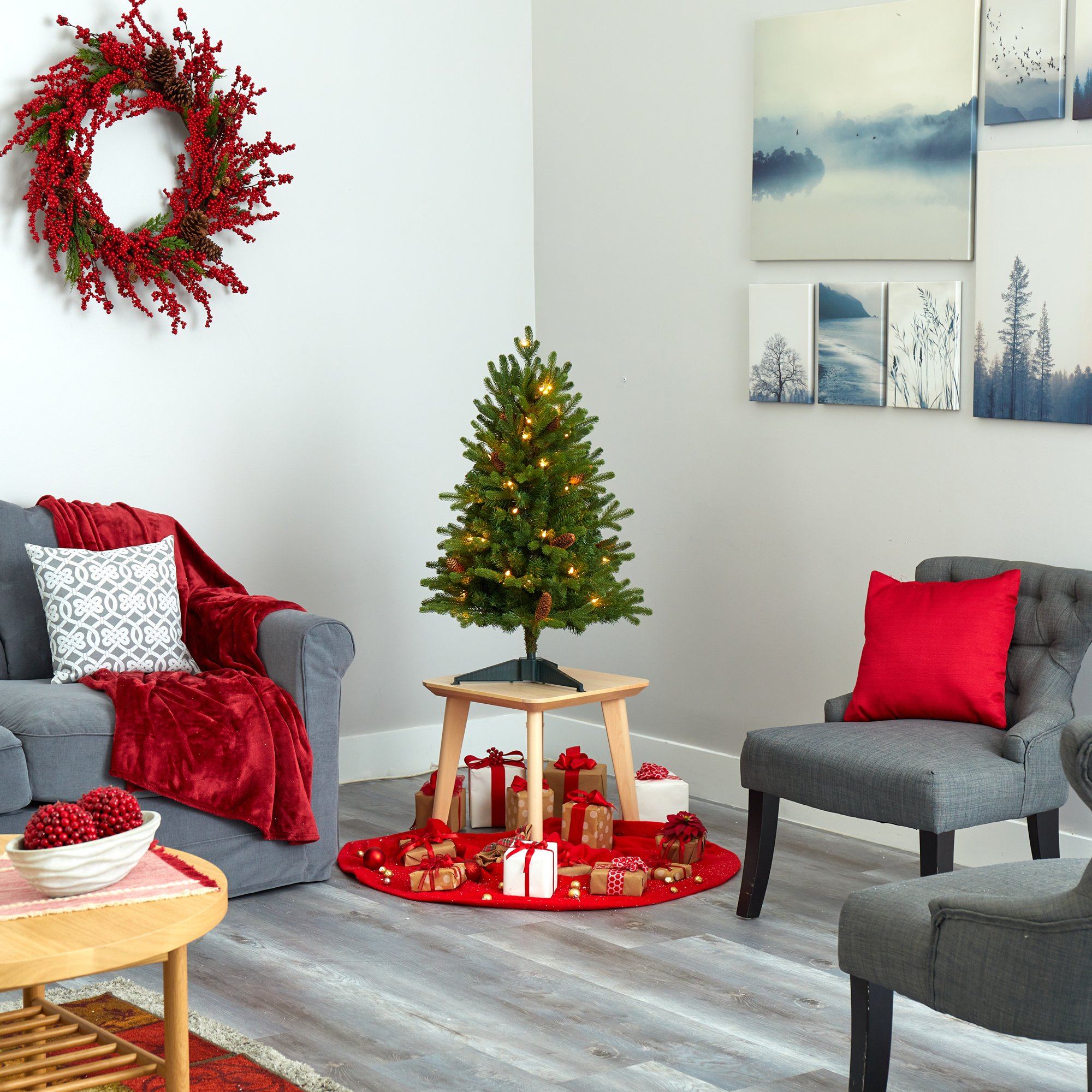 3’ Yukon Mountain Fir Artificial Christmas Tree with 50 Clear Lights and Pine Cones