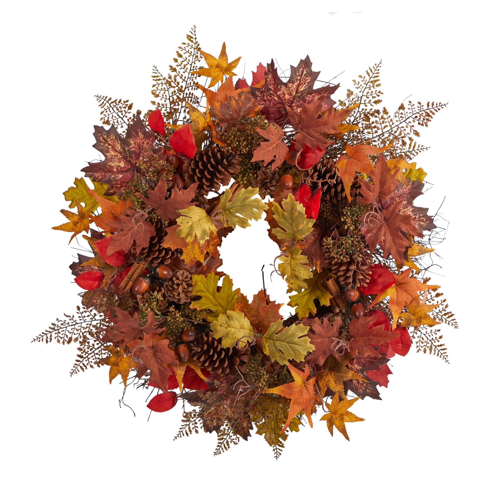 30” Autumn Maple Leaves, Acorn, Pinecones and Cinnamon Sticks Artificial Fall Wreath
