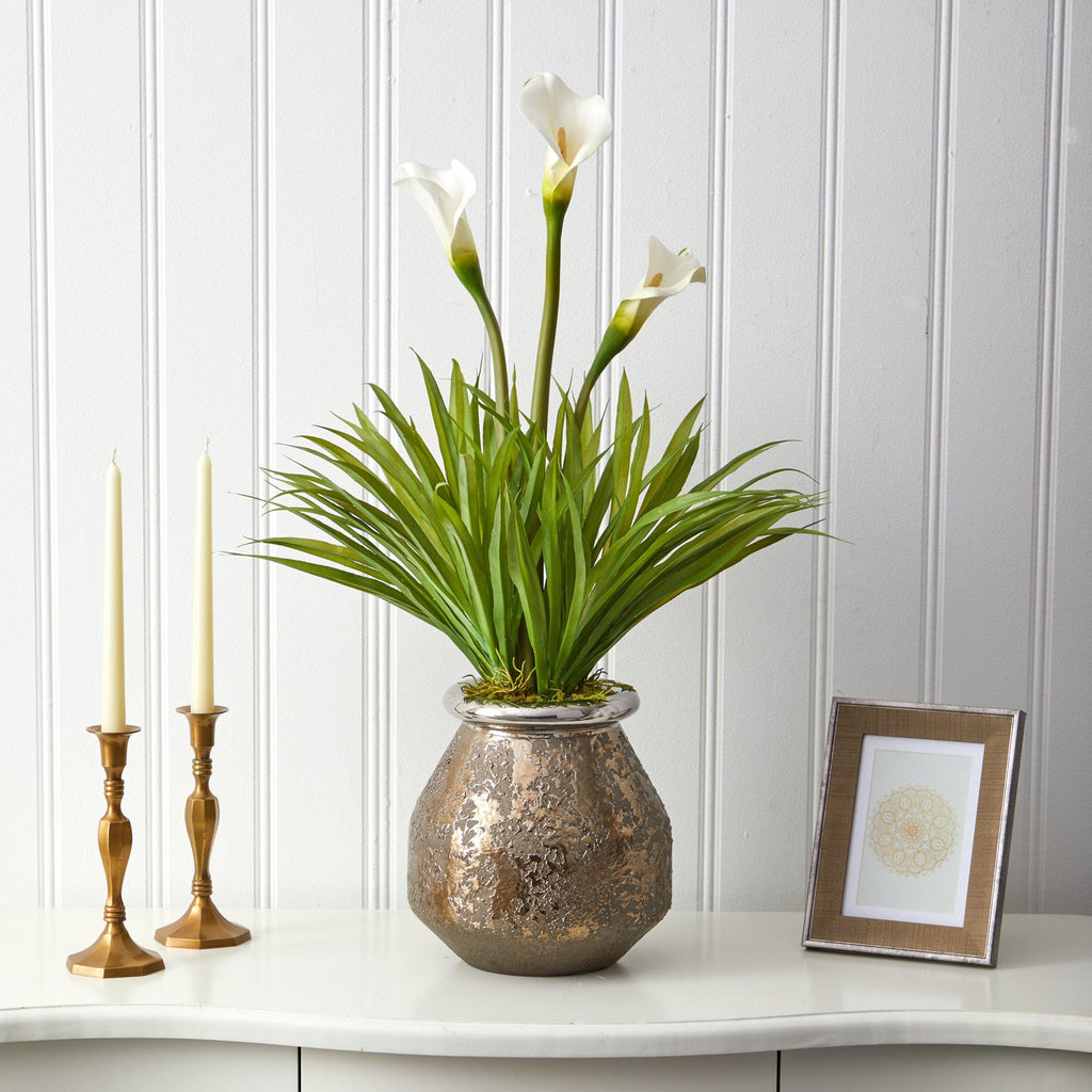 30” Calla Lily and Grass Artificial Arrangement in Designer Vase