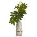 30” Calla Lily Artificial Arrangement in Stoneware Oval Vase with Gold Trimming