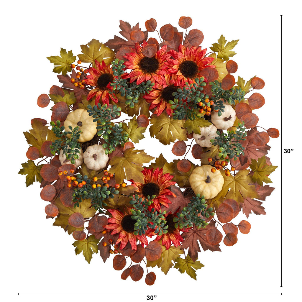 30” Artificial Fall Acorn, Sunflower, Berries and Autumn Foliage Wreath