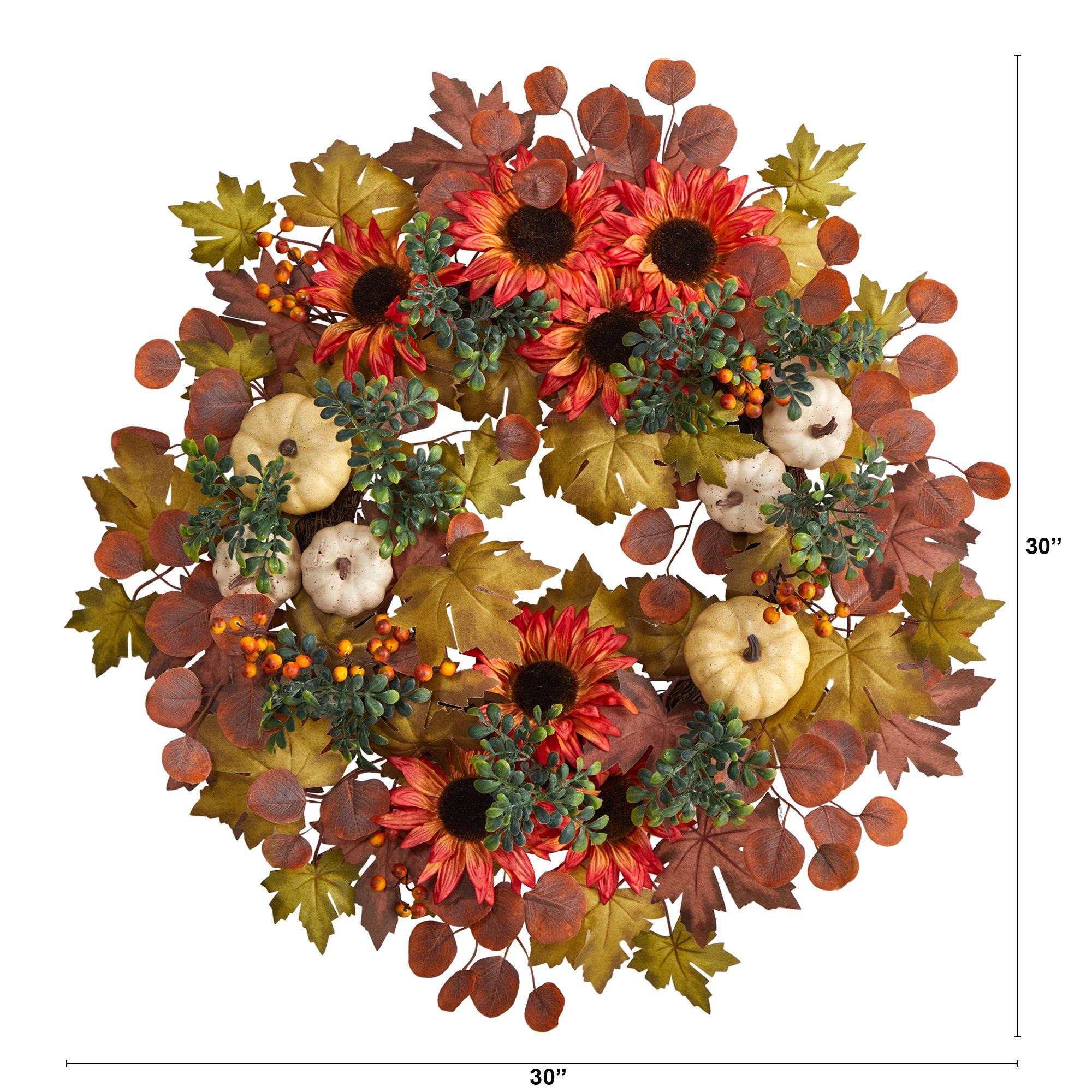 30” Artificial Fall Acorn, Sunflower, Berries and Autumn Foliage Wreath