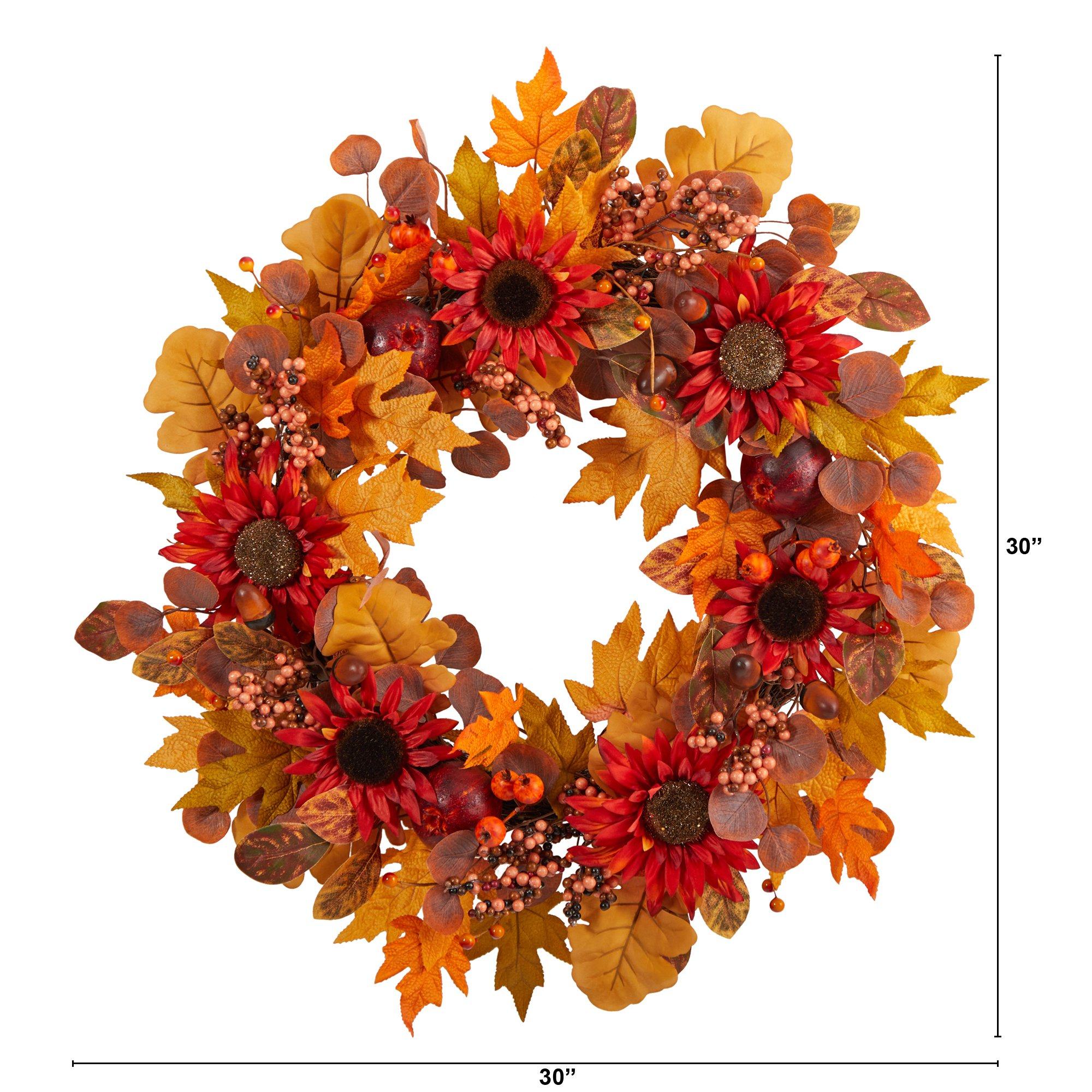 30” Fall Acorn, Sunflower, Berries and Autumn Foliage Artificial Wreath