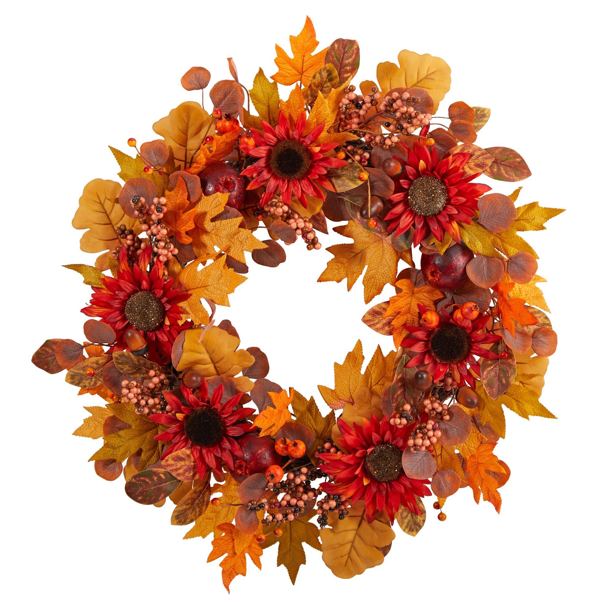 30” Fall Acorn, Sunflower, Berries and Autumn Foliage Artificial Wreath