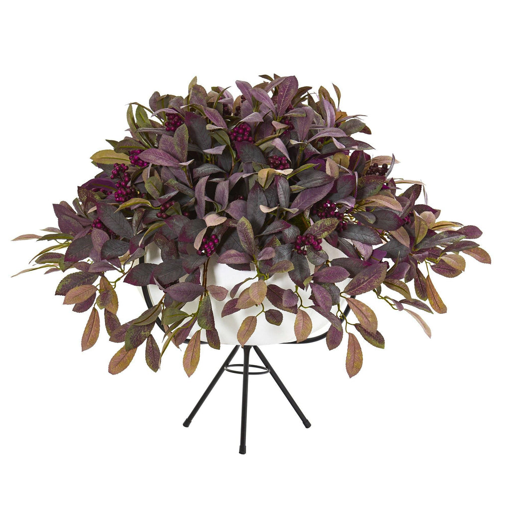 30” Fall Laurel Leaf with Berries Artificial Plant in White Planter with Metal Stand