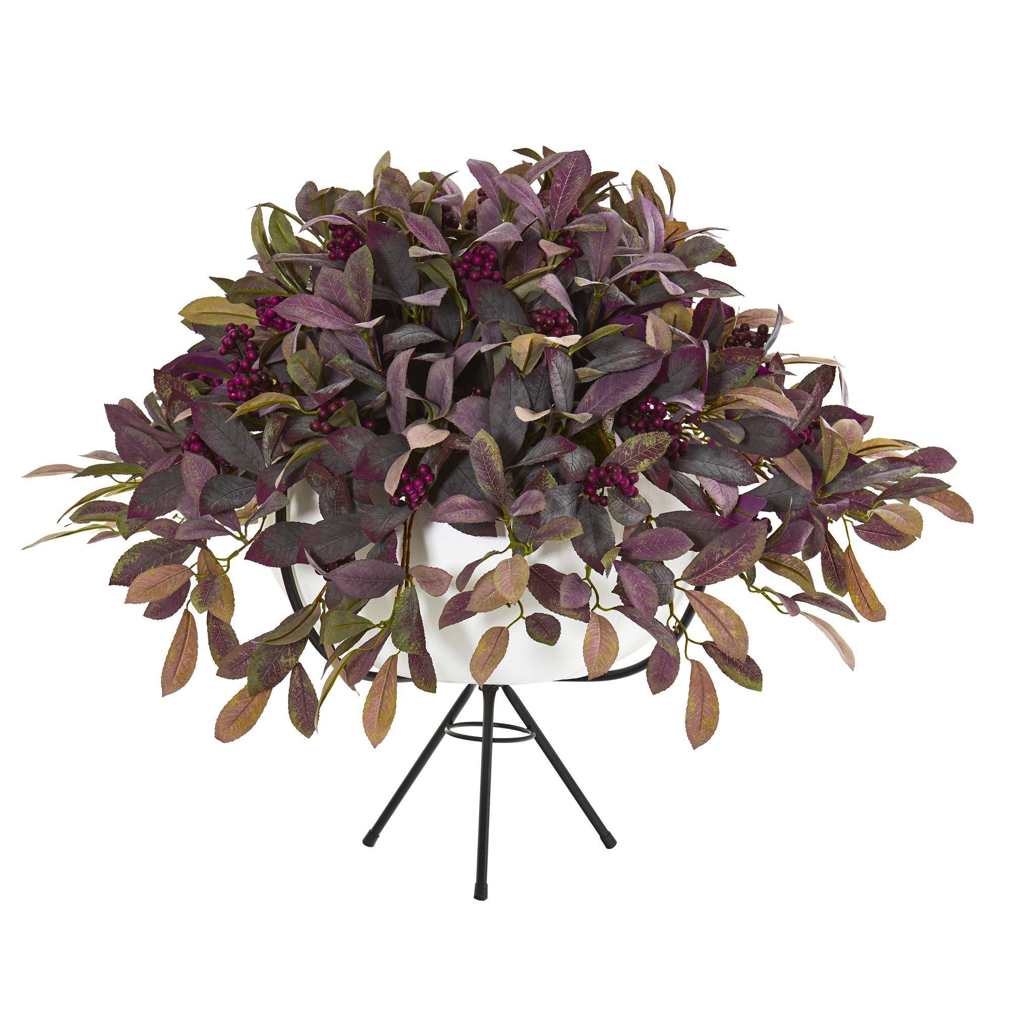30” Fall Laurel Leaf with Berries Artificial Plant in White Planter with Metal Stand