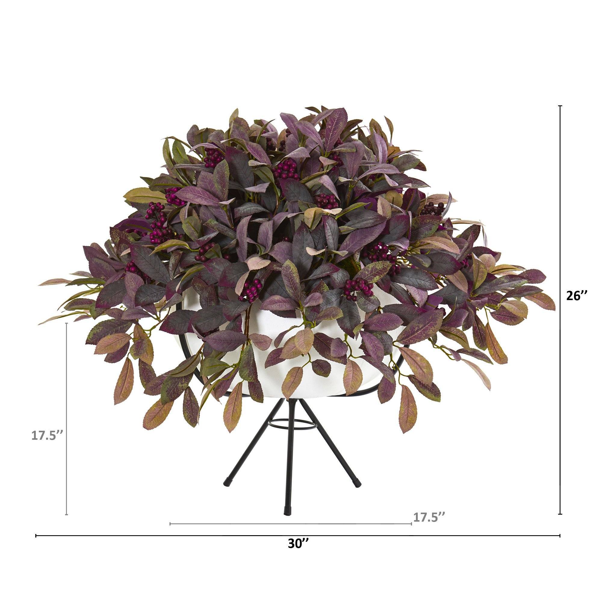 30” Fall Laurel Leaf with Berries Artificial Plant in White Planter with Metal Stand