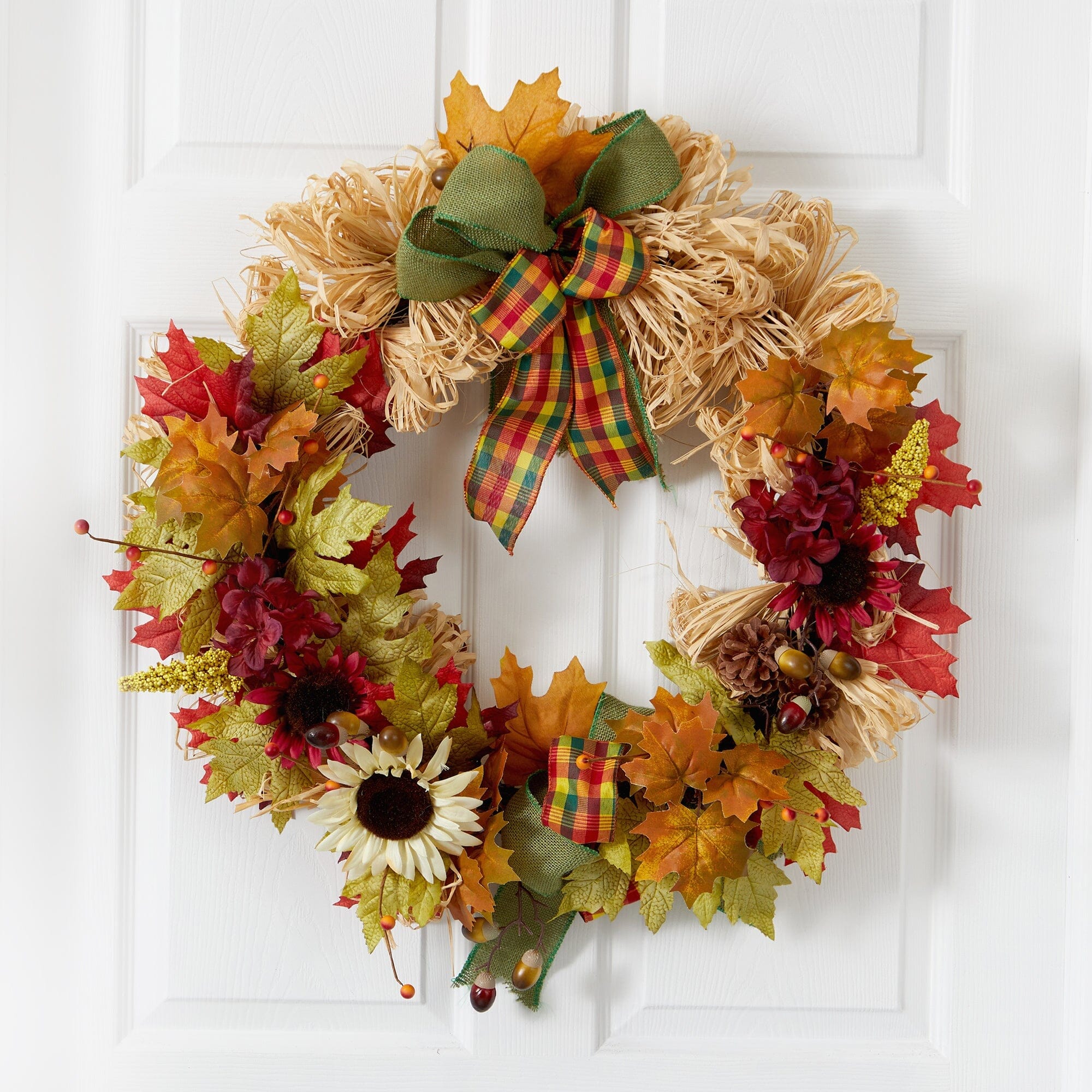 30” Harvest Autumn Sunflower, Maple Leaves and Berries Artificial Fall Wreath with Decorative Bows