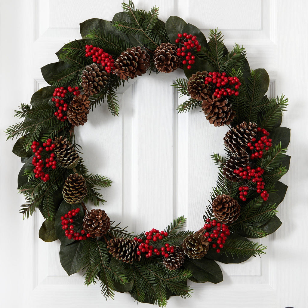 30” Magnolia Leaf, Berry, Pine and Pine Cone Artificial Wreath
