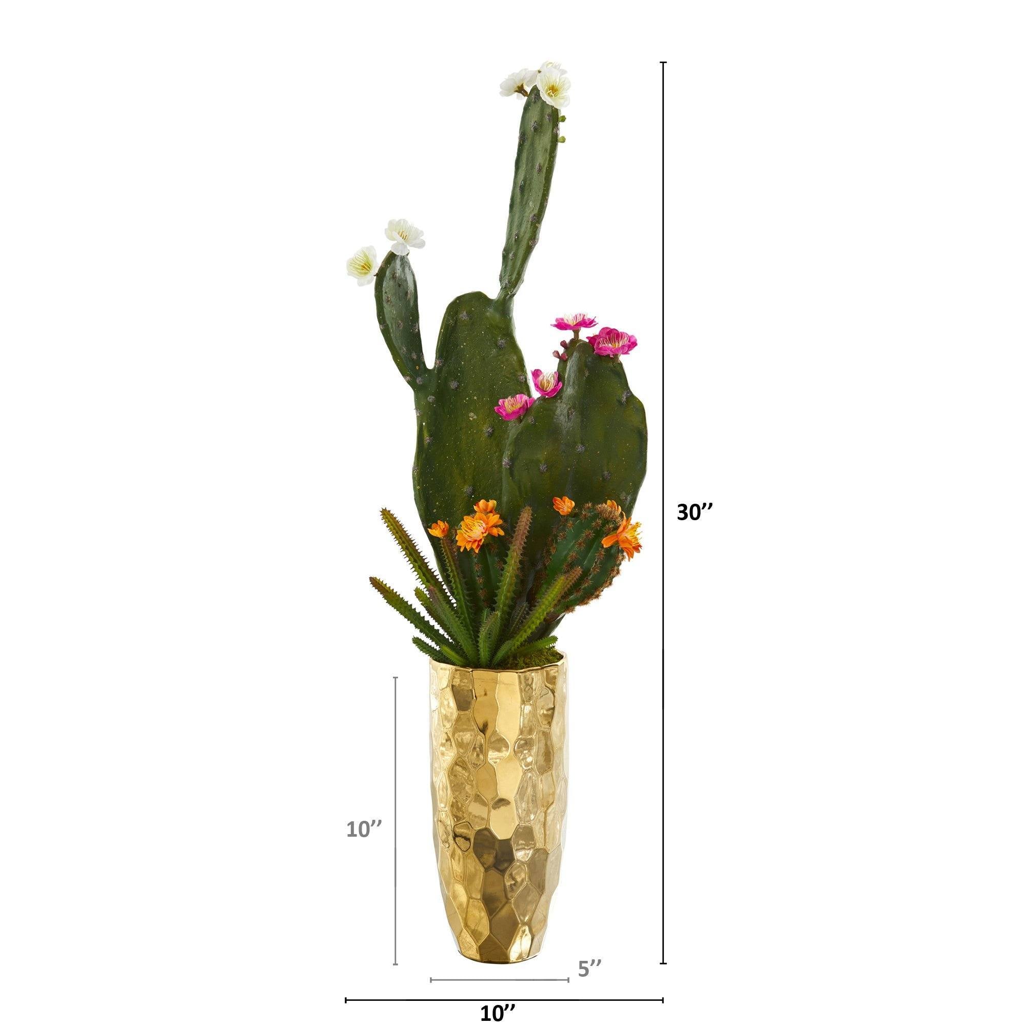 30” Mixed Cactus Artificial Plant in Gold Planter