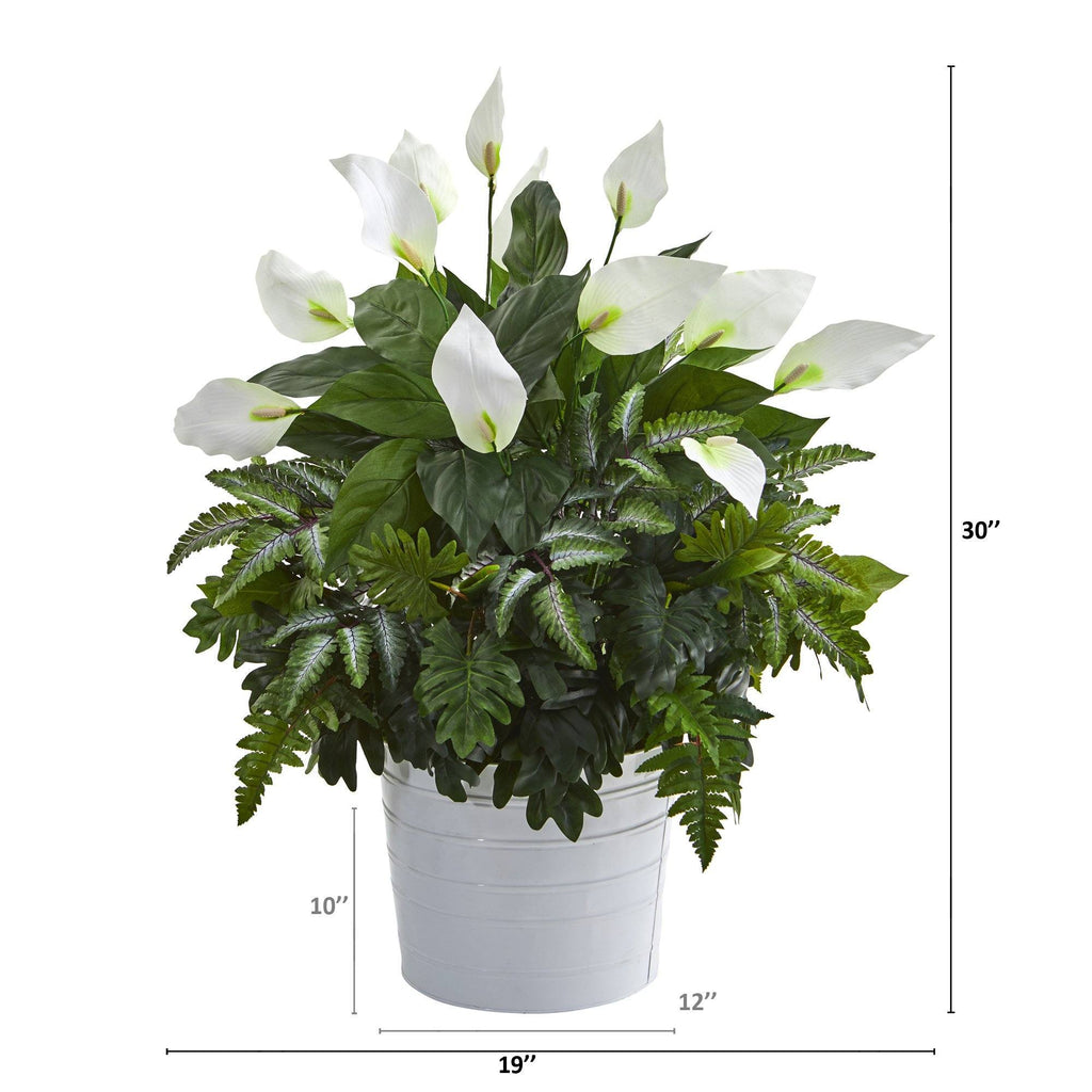 30” Mixed Spathiphyllum Artificial Plant in White Tin Planter