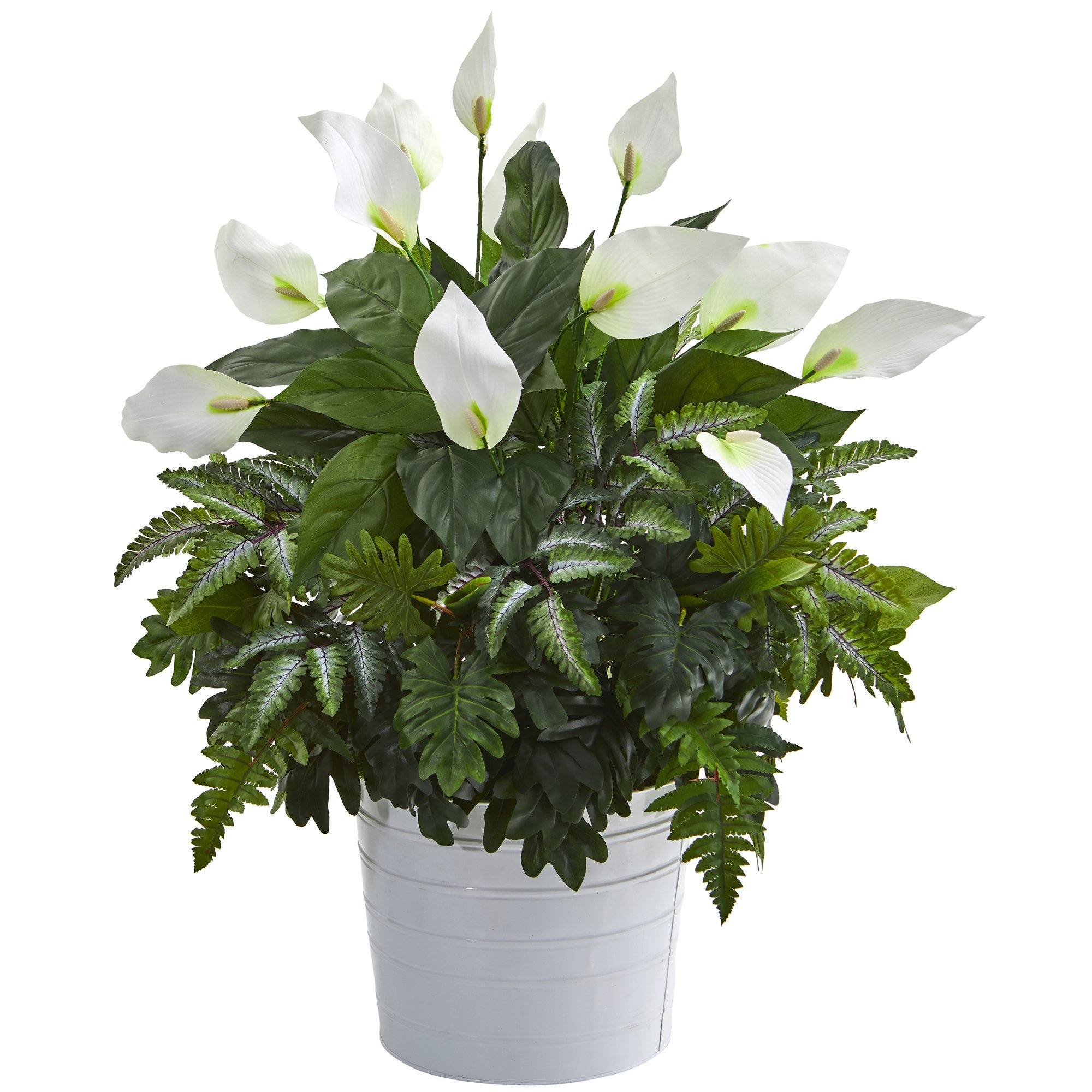 30” Mixed Spathiphyllum Artificial Plant in White Tin Planter