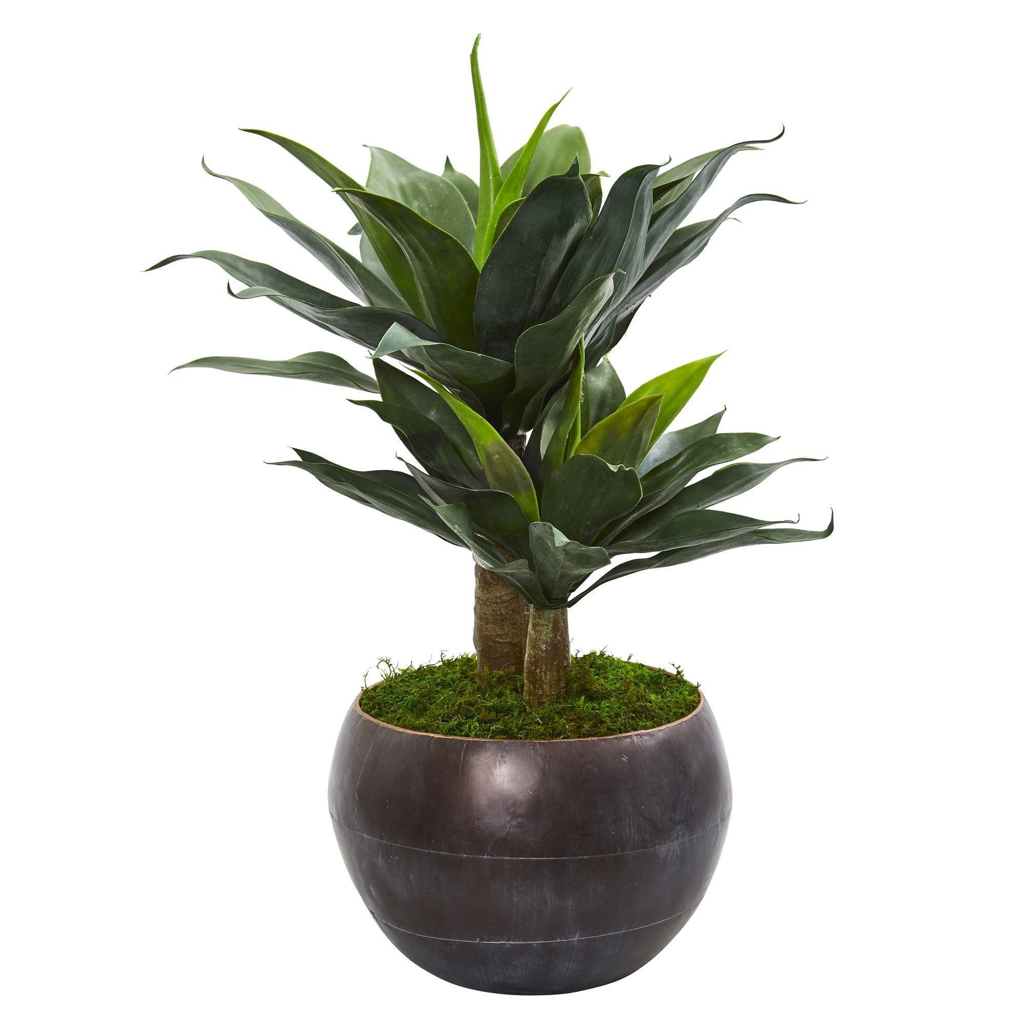31” Double Agave Artificial Plant in Metal Bowl Planter