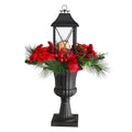 33” Holiday Berries and Poinsettia with Large Lantern and Included LED Candle