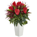 33" Mixed Anthurium Artificial Plant in White Tower Vase"