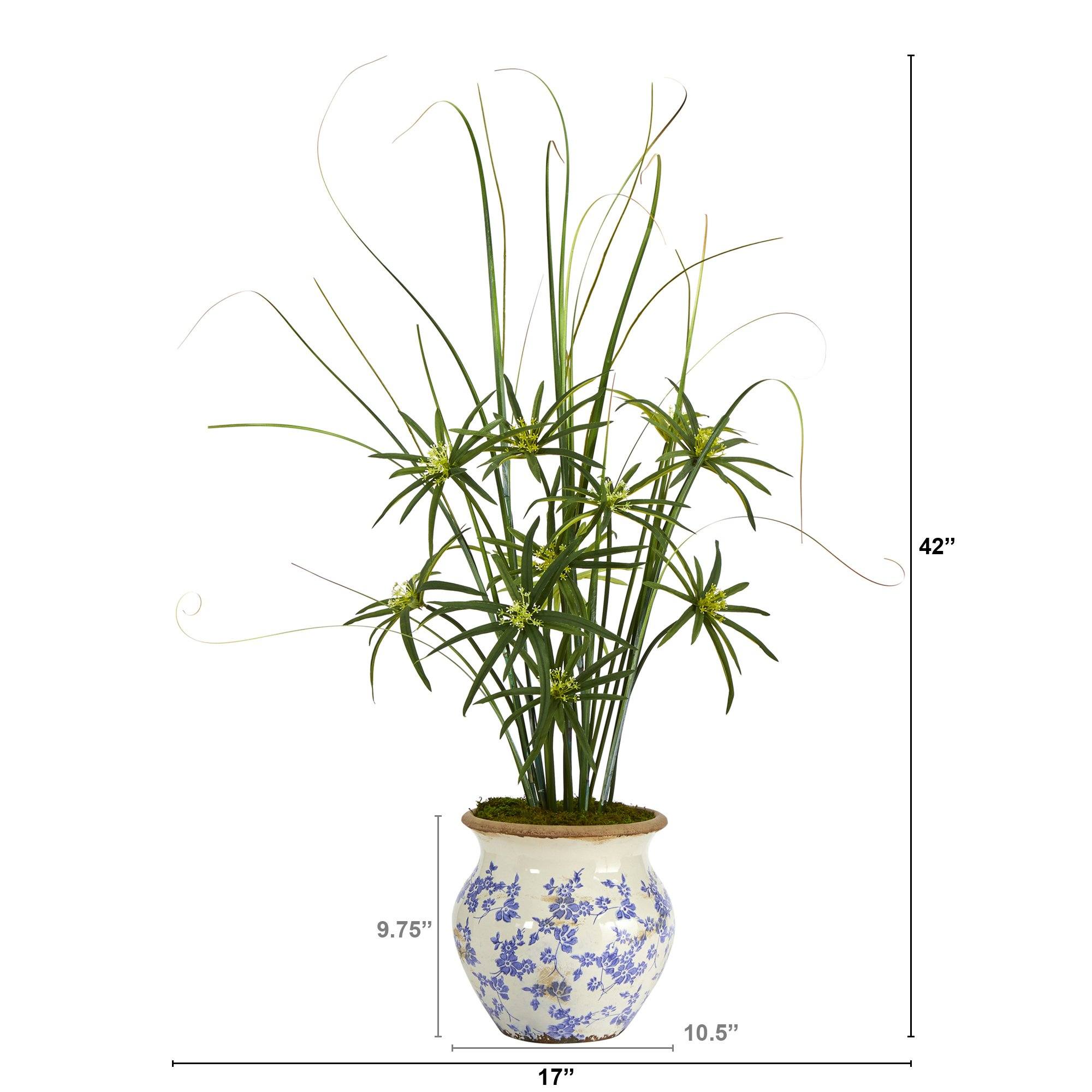 3.5’ Cyperus and Grass Artificial Plant in Vintage Floral Planter