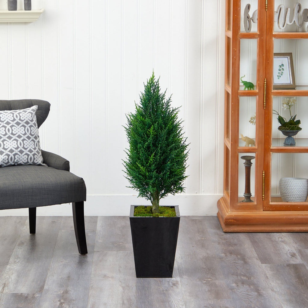 3.5’ Cypress Tower Artificial Tree in Black Metal Planter (Indoor/Outdoor)
