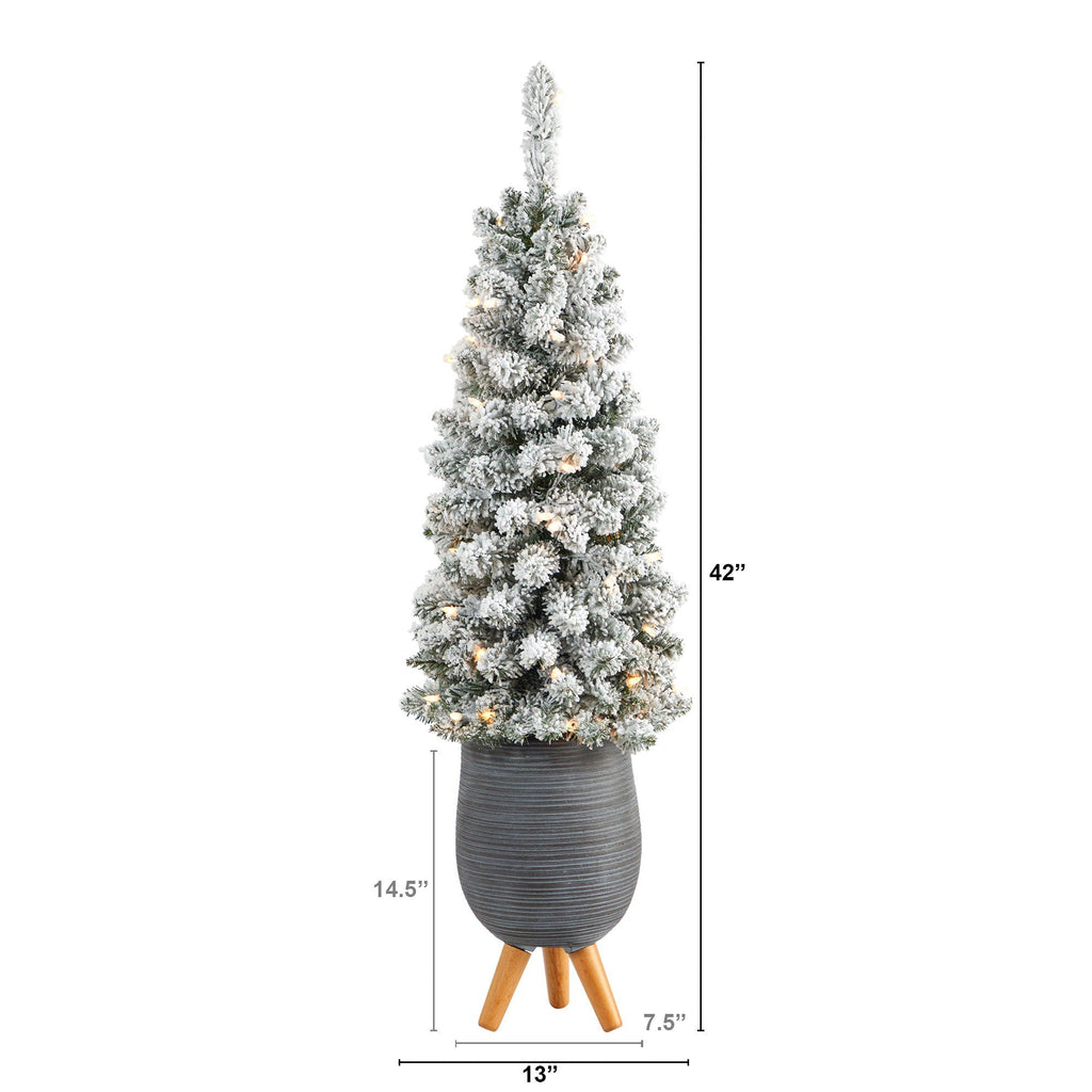 3.5’ Flocked Pencil Artificial Christmas Tree with 50 Clear Lights and 132 Bendable Branches in Gray Planter with Stand