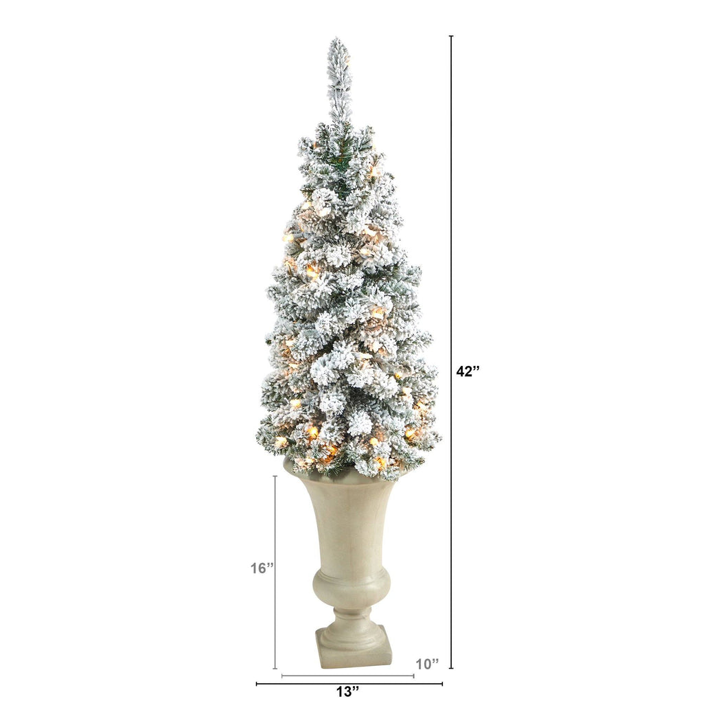 3.5’ Flocked Pencil Artificial Christmas Tree with 50 Clear Lights and 132 Bendable Branches in Sand Colored Urn