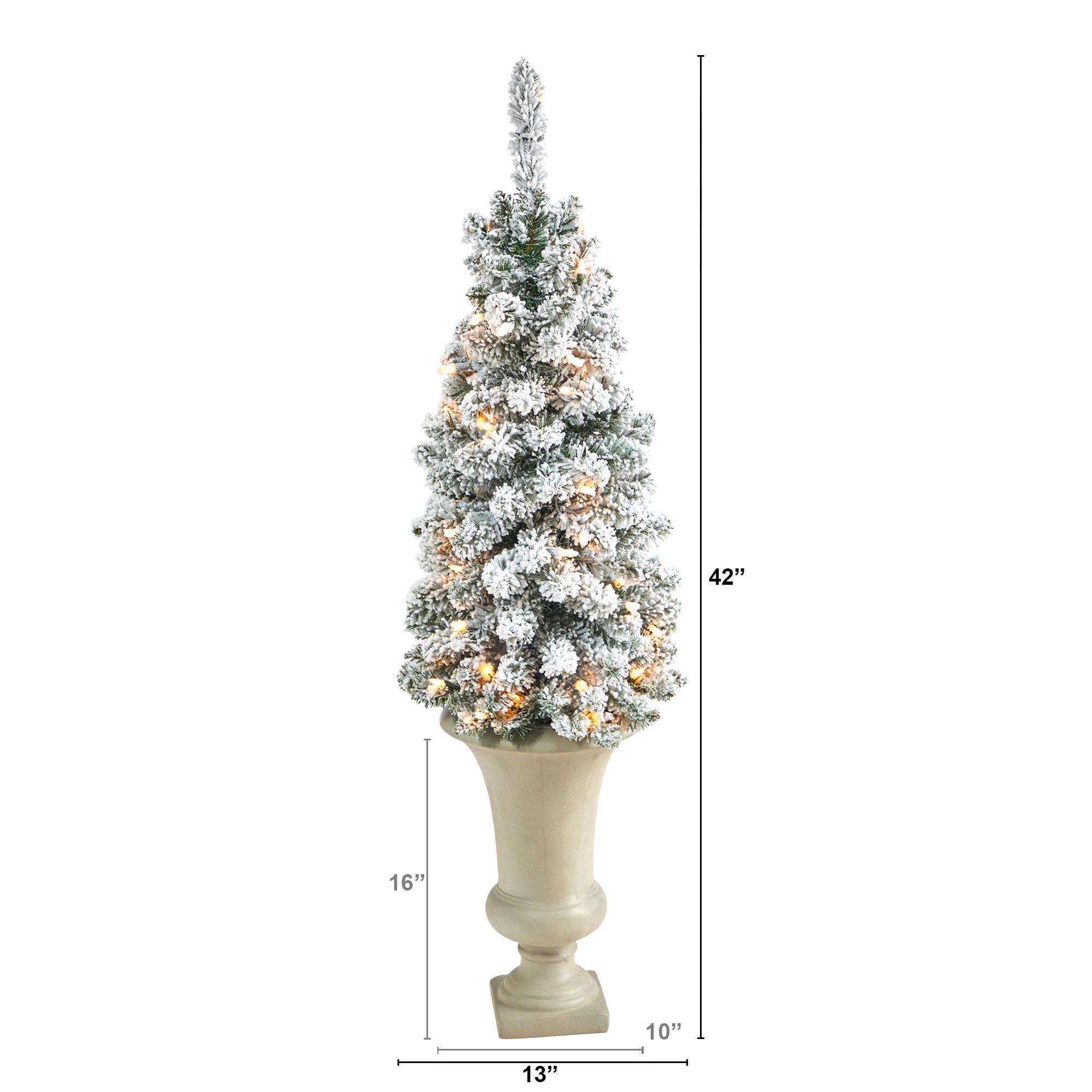3.5’ Flocked Pencil Artificial Christmas Tree with 50 Clear Lights and 132 Bendable Branches in Sand Colored Urn