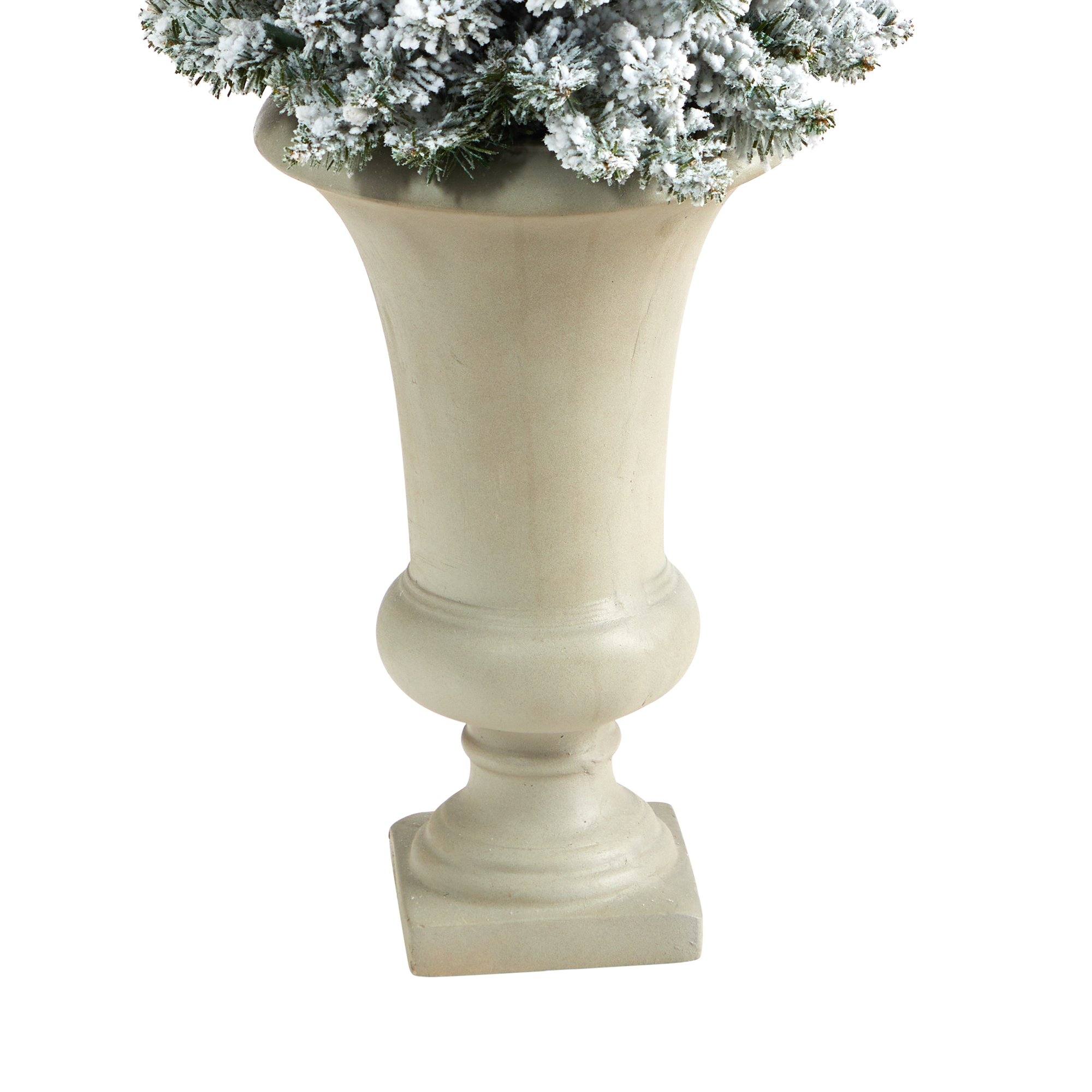 3.5’ Flocked Pencil Artificial Christmas Tree with 50 Clear Lights and 132 Bendable Branches in Sand Colored Urn