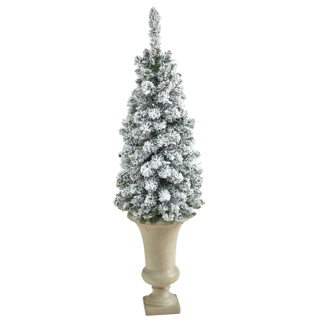 3.5’ Flocked Pencil Artificial Christmas Tree with 50 Clear Lights and 132 Bendable Branches in Sand Colored Urn