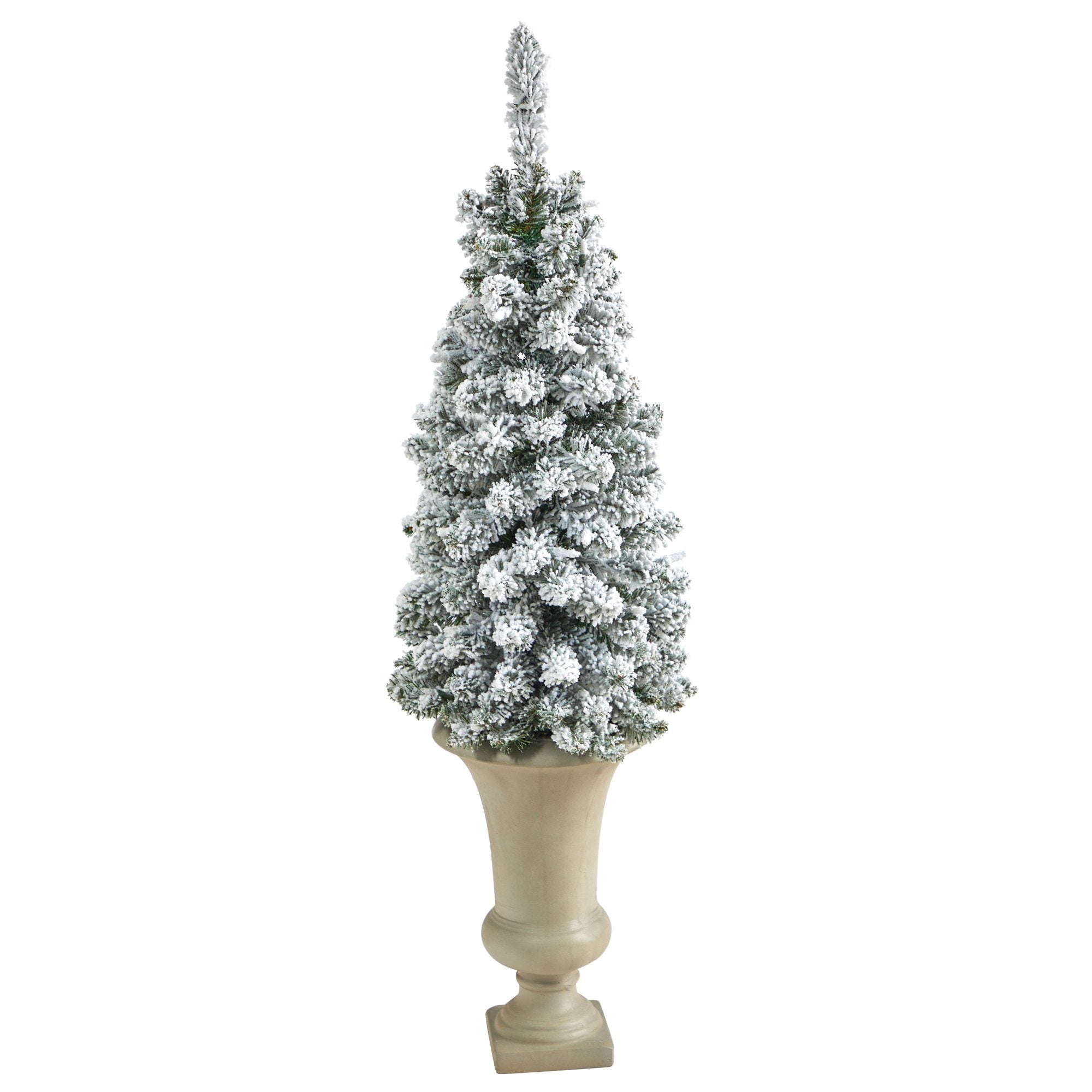 3.5’ Flocked Pencil Artificial Christmas Tree with 50 Clear Lights and 132 Bendable Branches in Sand Colored Urn