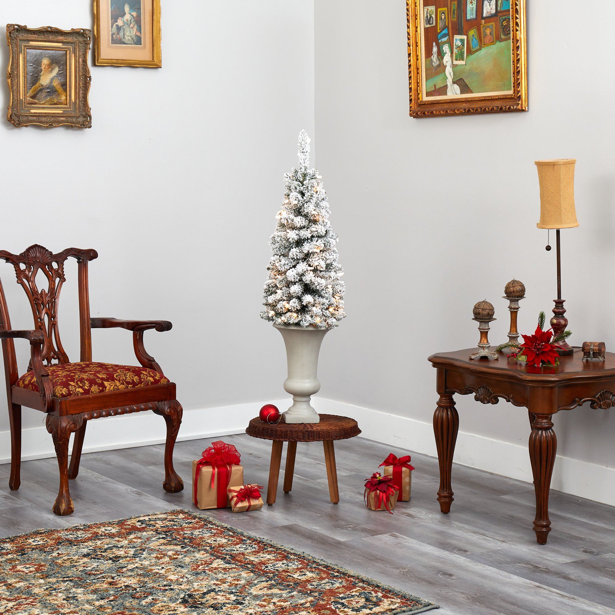 3.5’ Flocked Pencil Artificial Christmas Tree with 50 Clear Lights and 132 Bendable Branches in Sand Colored Urn