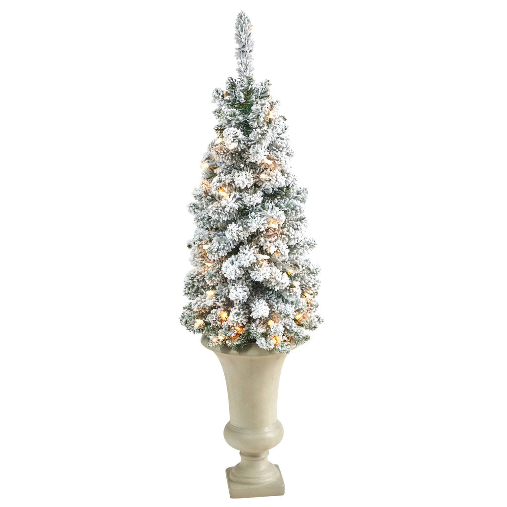 3.5’ Flocked Pencil Artificial Christmas Tree with 50 Clear Lights and 132 Bendable Branches in Sand Colored Urn