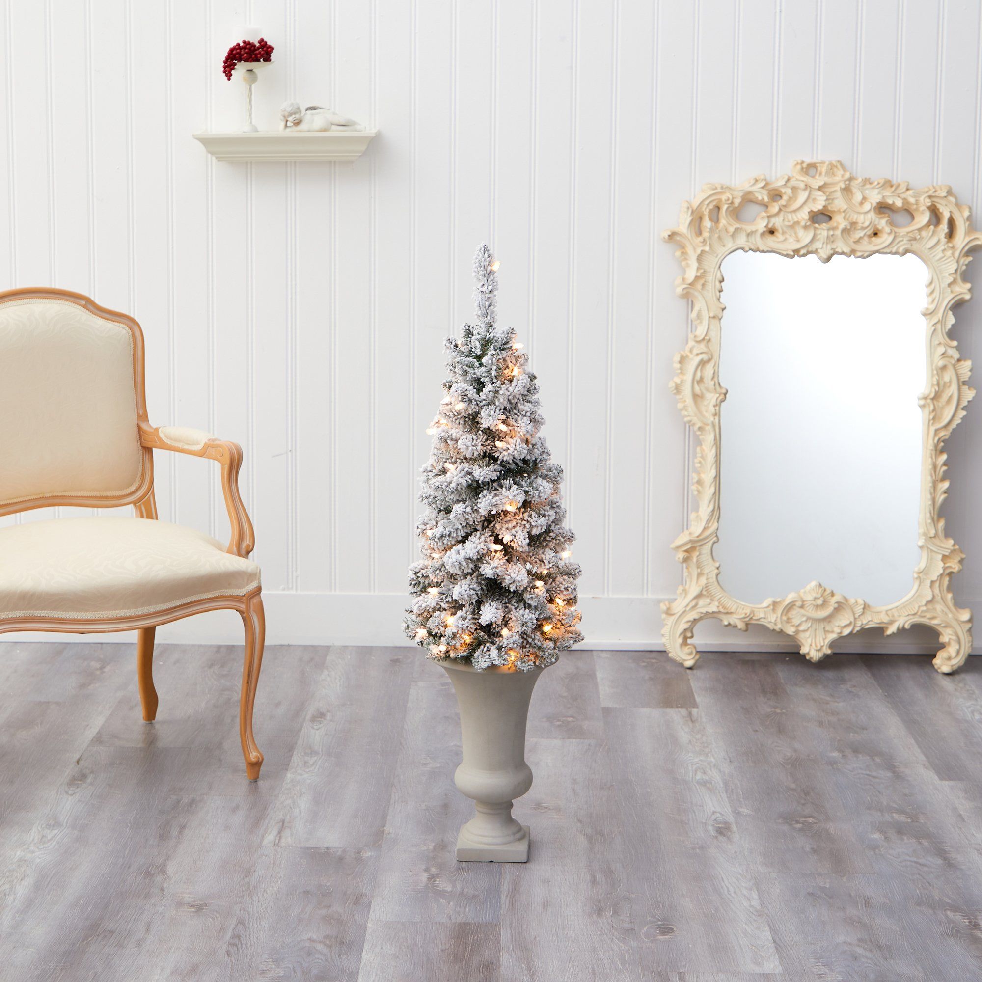 3.5’ Flocked Pencil Artificial Christmas Tree with 50 Clear Lights and 132 Bendable Branches in Sand Colored Urn