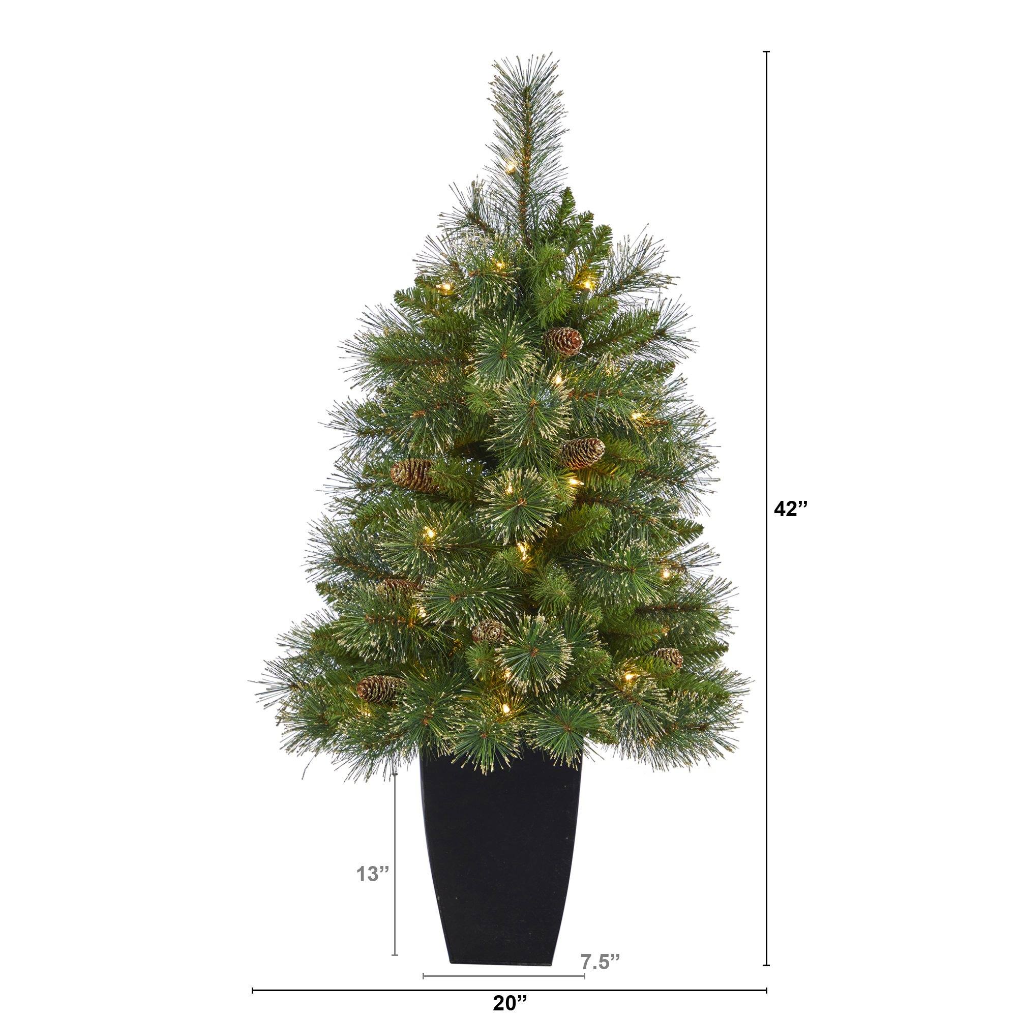 3.5’ Golden Tip Washington Pine Artificial Christmas Tree with 50 Clear Lights, Pine Cones and 148 Bendable Branches in Black Metal Planter