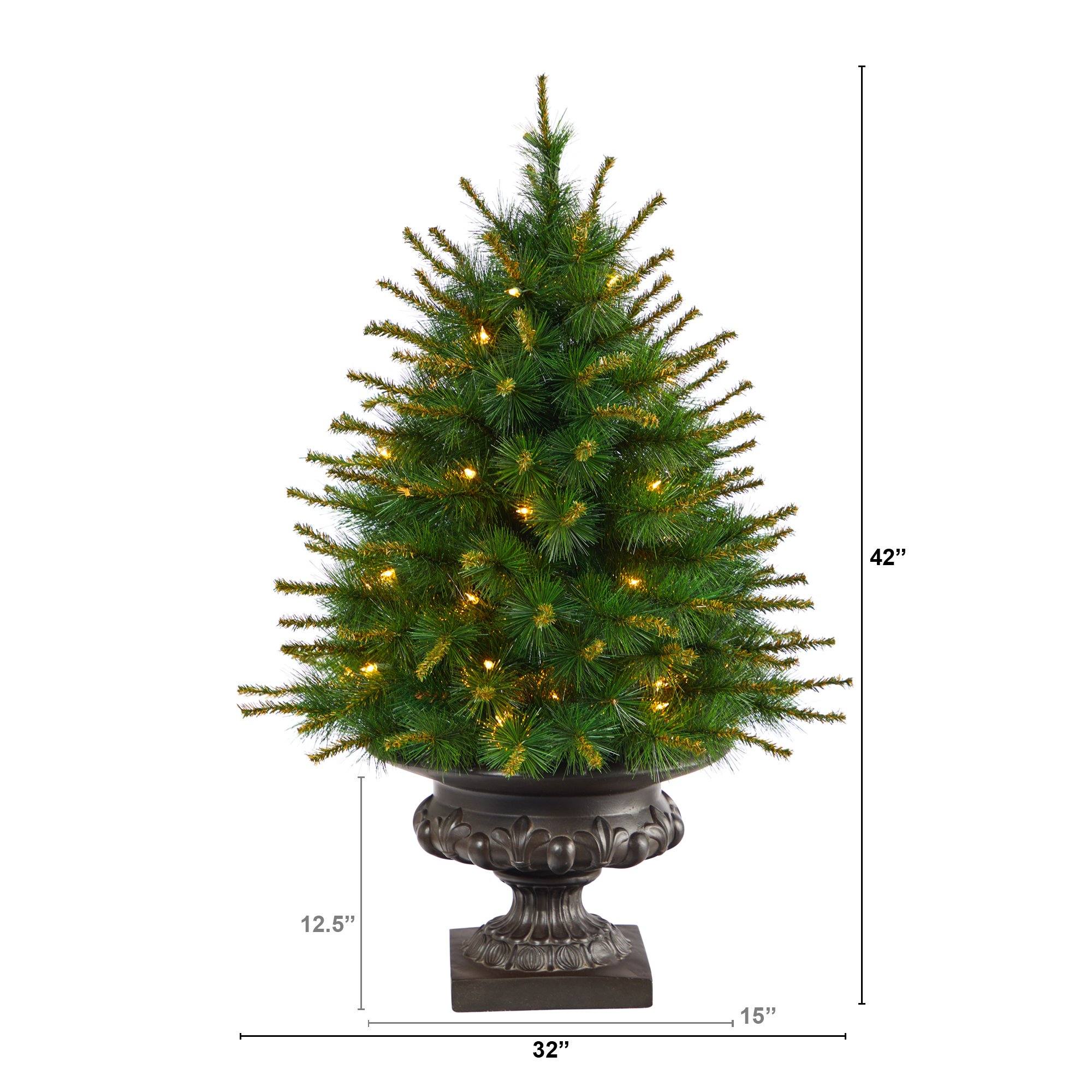 3.5’ New England Pine Artificial Christmas Tree with 50 Clear Lights and 117 Bendable Branches in Iron Colored Urn