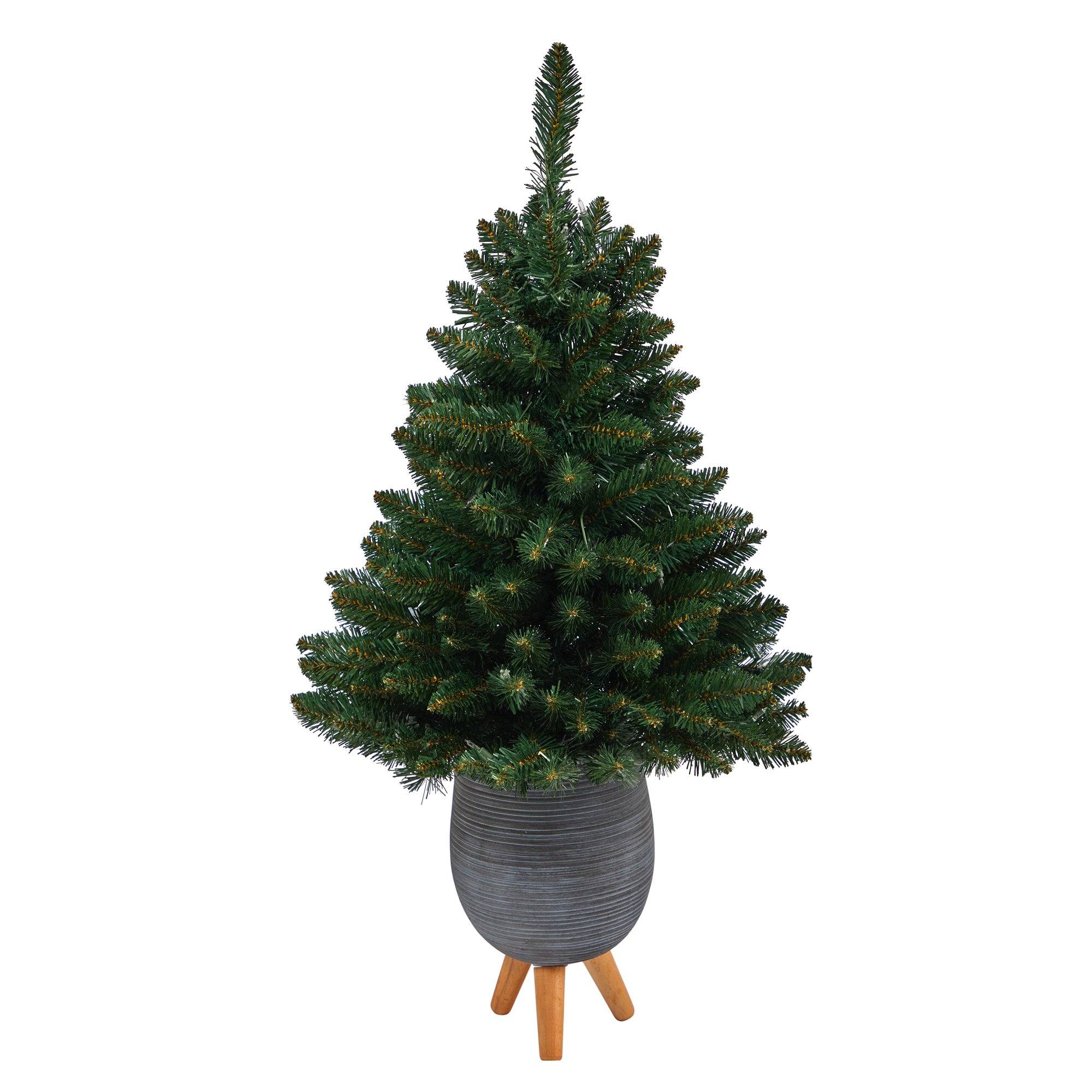 3.5’ Northern Rocky Spruce Artificial Christmas Tree with 50 Clear Lights and 154 Bendable Branches in Gray Planter with Stand