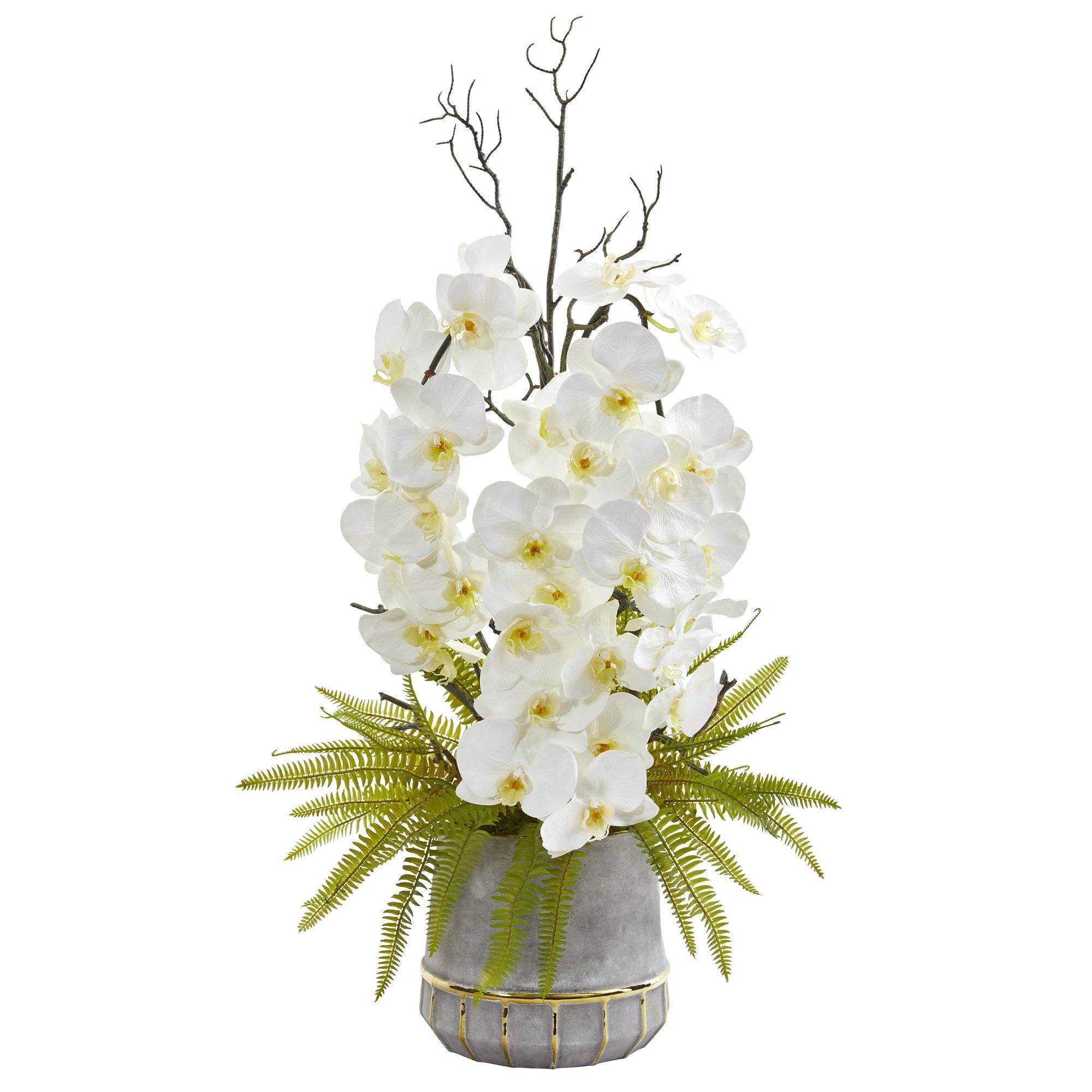 35” Phalaenopsis Orchid and Fern Artificial Arrangement in Stoneware Vase with Gold Trimming