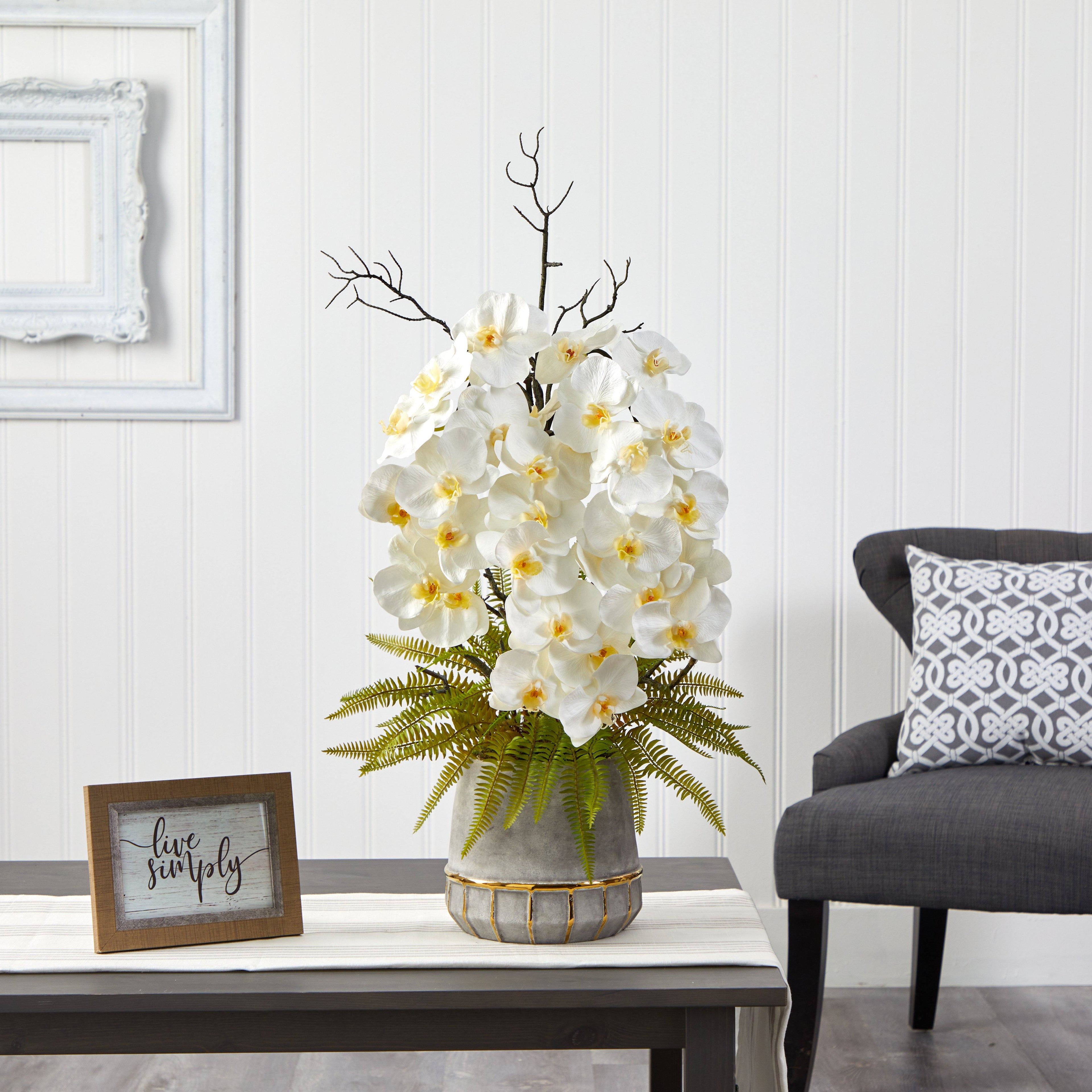 35” Phalaenopsis Orchid and Fern Artificial Arrangement in Stoneware Vase with Gold Trimming