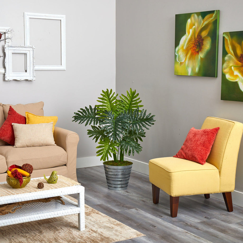 3.5’ Philodendron Artificial Plant in Decorative Tin Bucket (Real Touch)