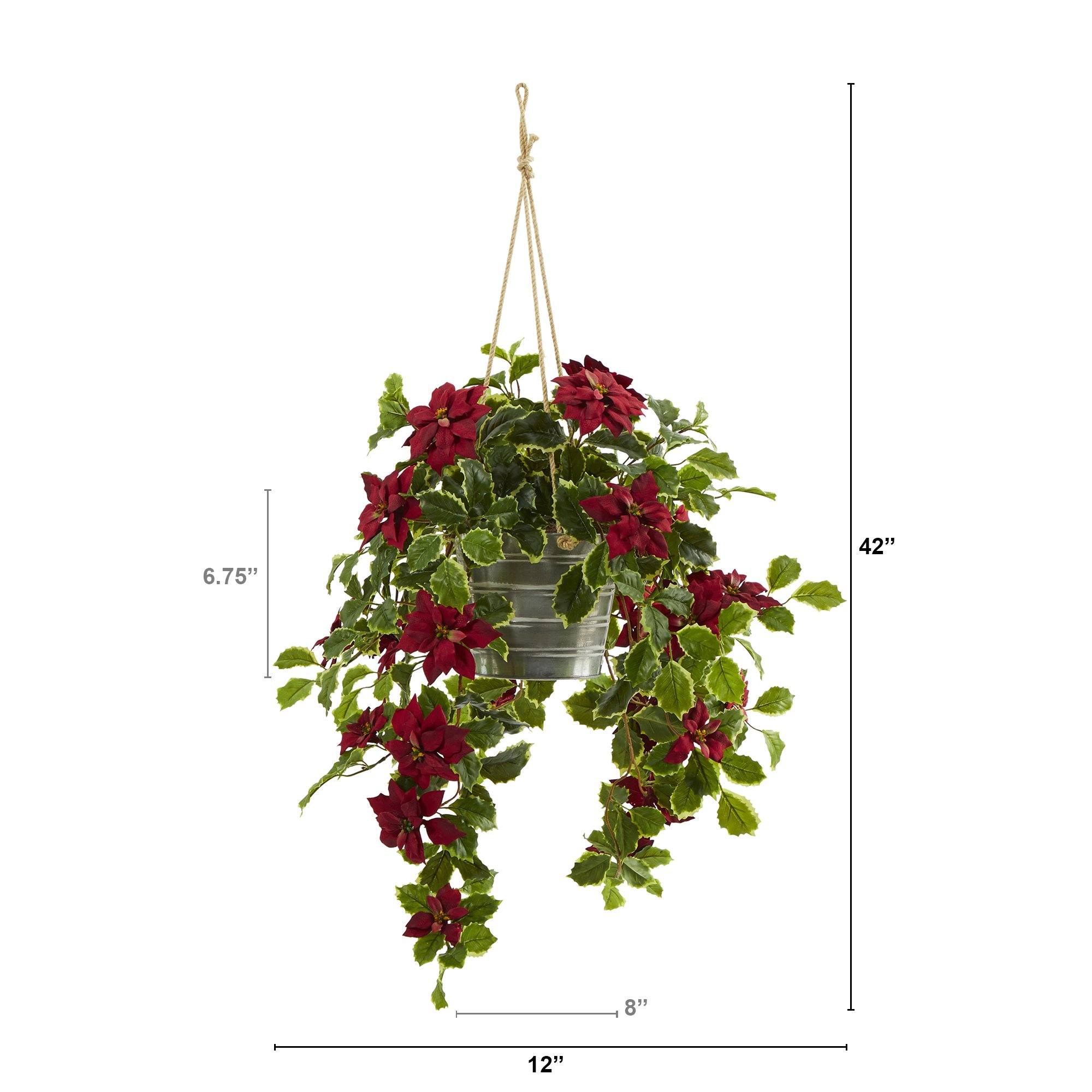 3.5’ Poinsettia and Variegated Holly Artificial Plant in Hanging Metal Bucket (Real Touch)