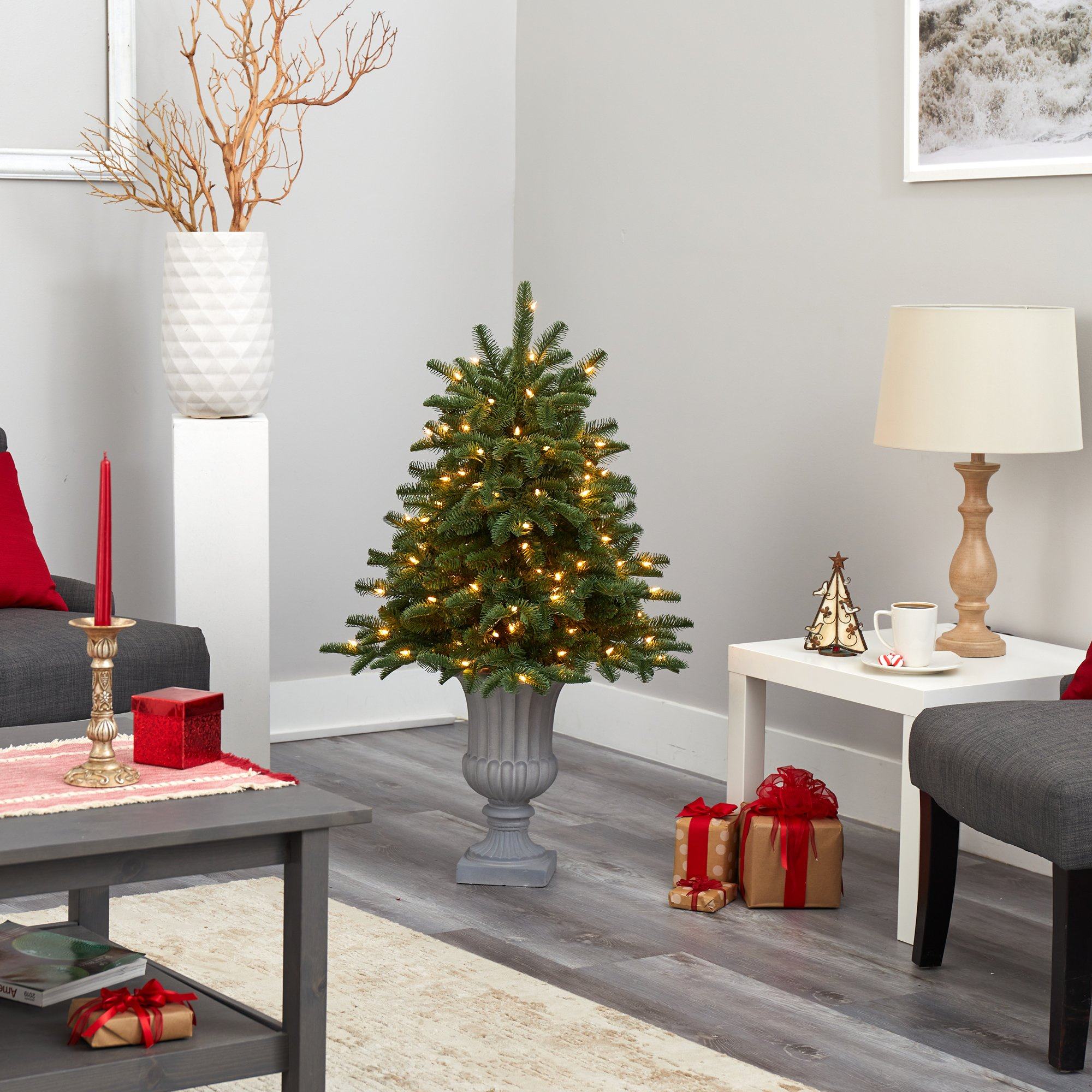 3.5’ South Carolina Spruce Artificial Christmas Tree with 100 White Warm Light and 458 Bendable Branches in Decorative Urn