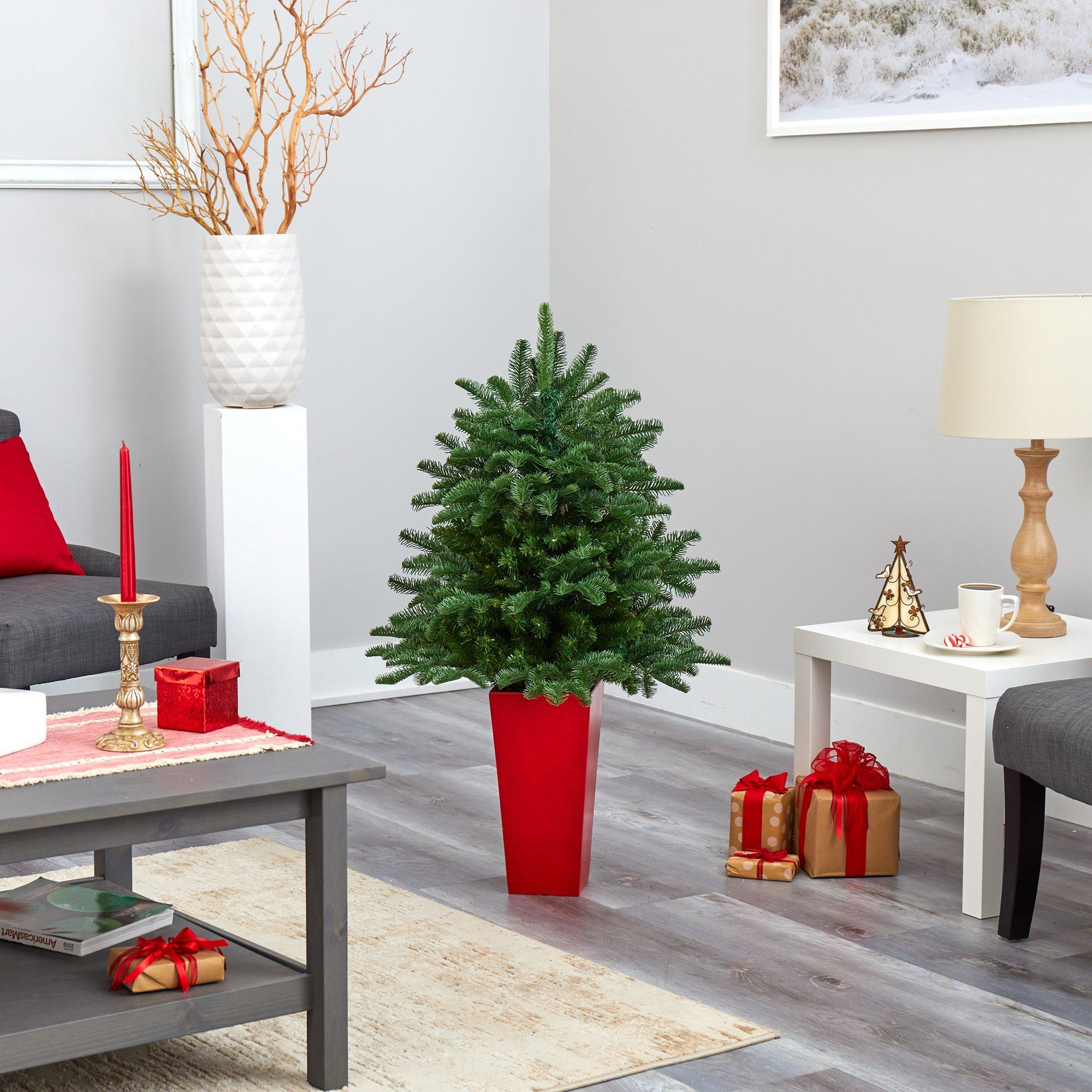 3.5’ South Carolina Spruce Artificial Christmas Tree with 458 Bendable Branches in Red Tower Planter