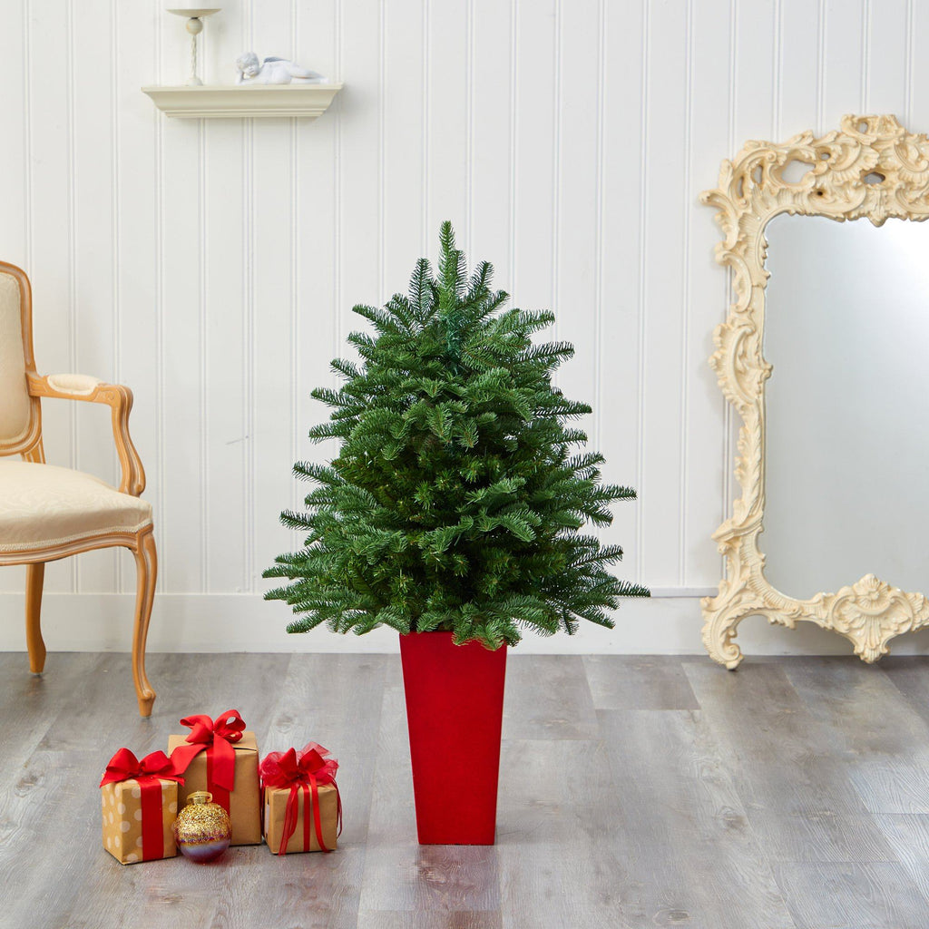 3.5’ South Carolina Spruce Artificial Christmas Tree with 458 Bendable Branches in Red Tower Planter