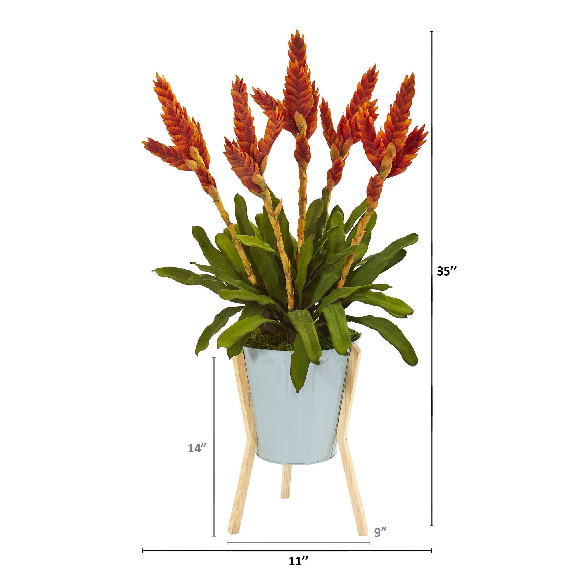 35” Tropical Bromeliad Artificial Plant in Green Planter with Stand