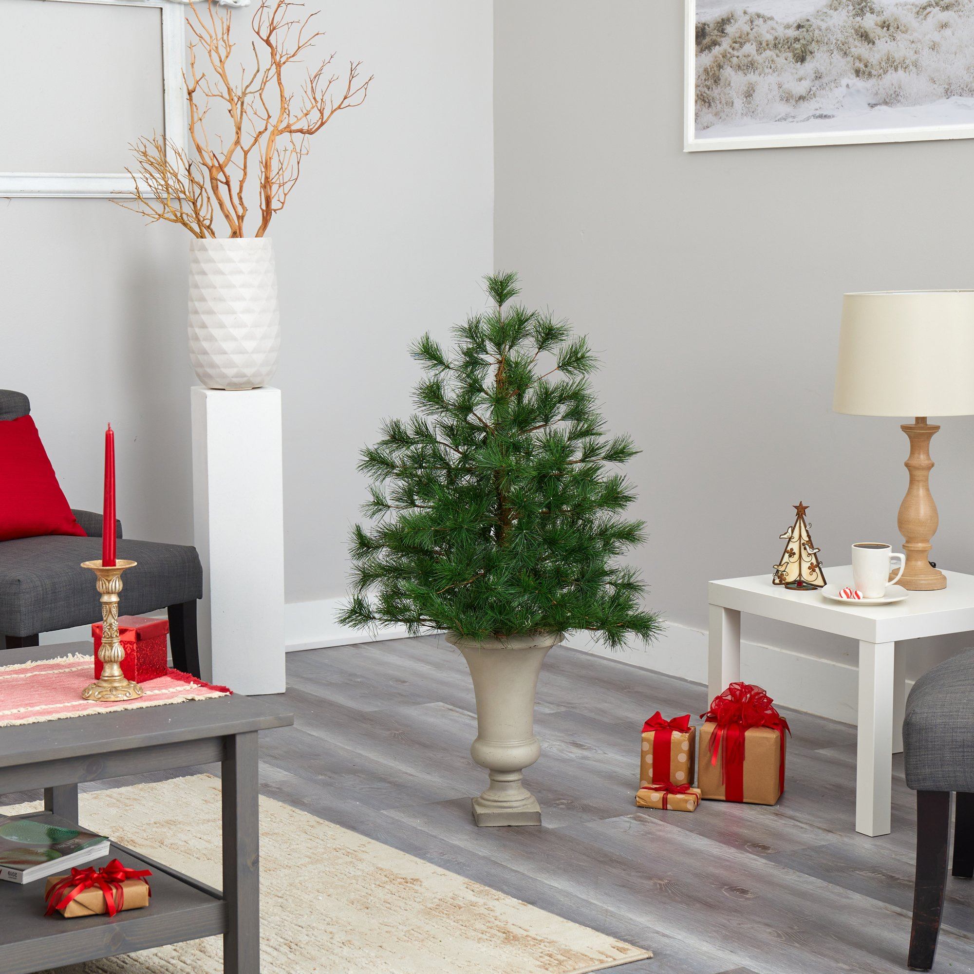 3.5’ Yukon Mixed Pine Artificial Christmas Tree with 213 Bendable Branches in Sand Colored Urn