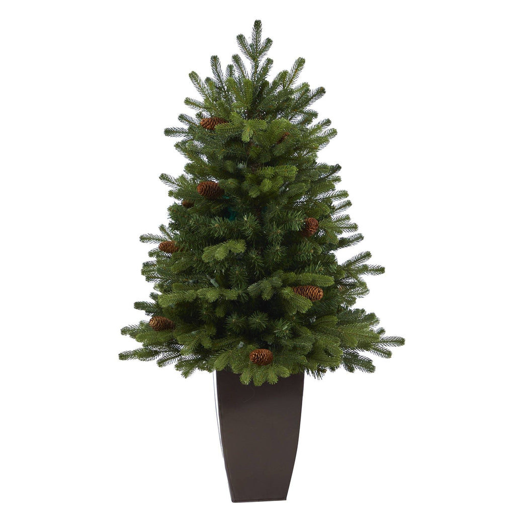 3.5’ Yukon Mountain Fir Artificial Christmas Tree with 50 Clear Lights and Pine Cones in Bronze Metal Planter