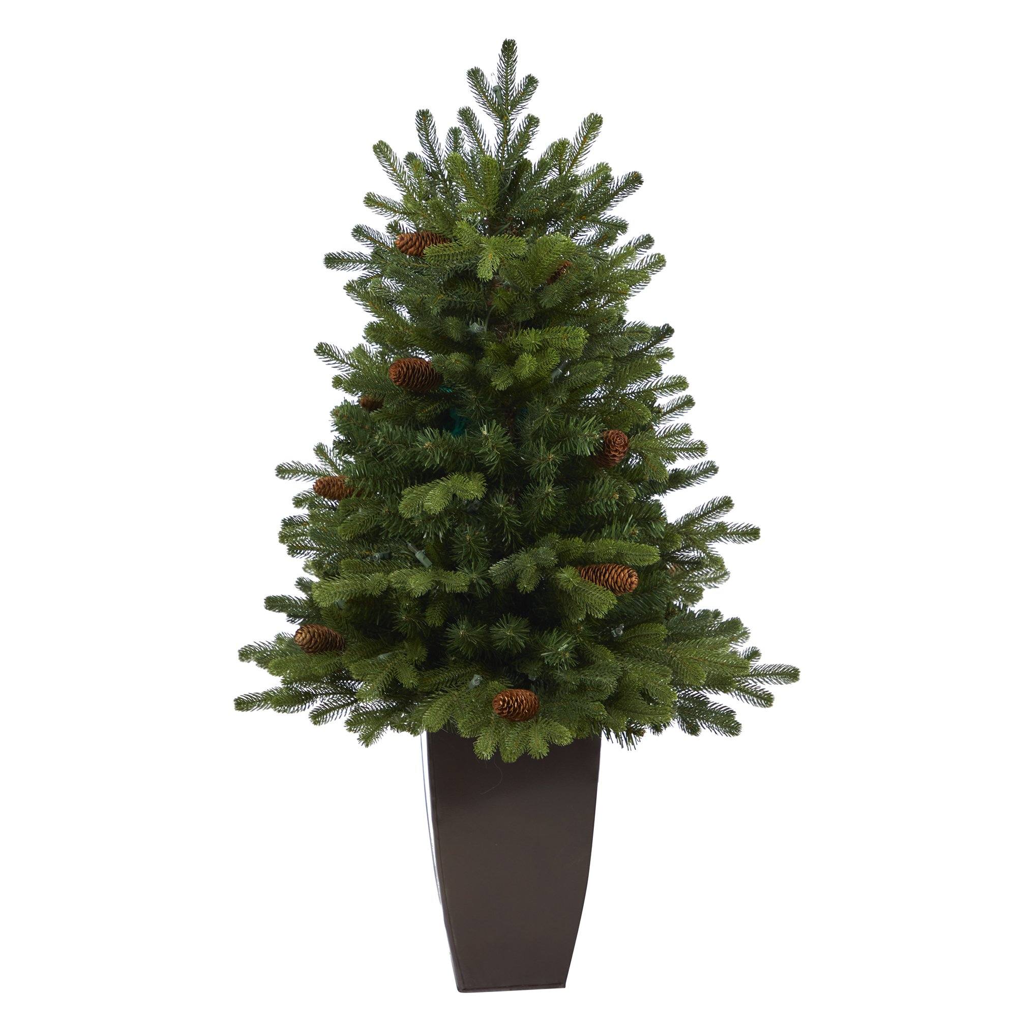 3.5’ Yukon Mountain Fir Artificial Christmas Tree with 50 Clear Lights and Pine Cones in Bronze Metal Planter