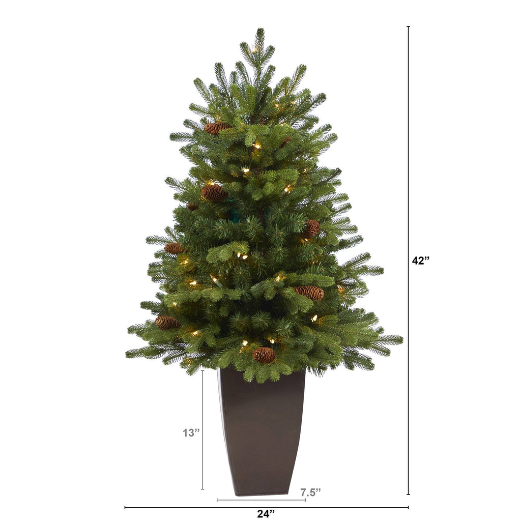 3.5’ Yukon Mountain Fir Artificial Christmas Tree with 50 Clear Lights and Pine Cones in Bronze Metal Planter